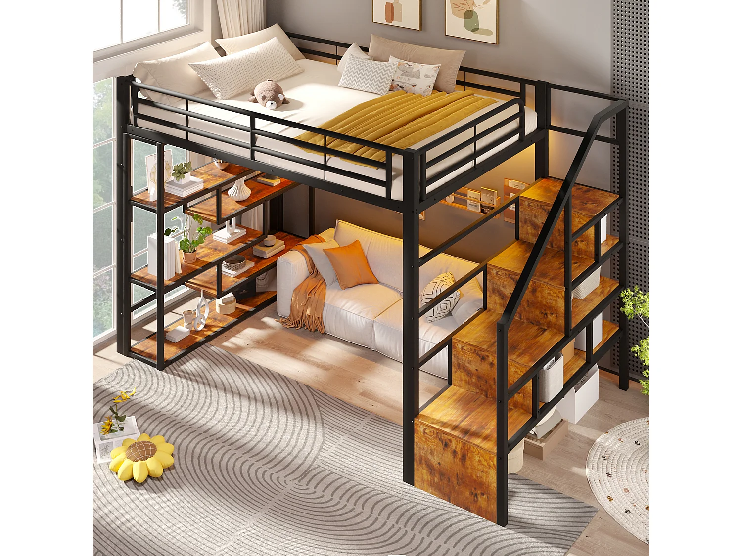 Łóżko piętrowe 140 x 200 cm ze schodkami do przechowywania, otwarte półki pod łóżkiem – Metal i płyta MDF – LED – Czarne (Materac nie jest wliczony w cenę)