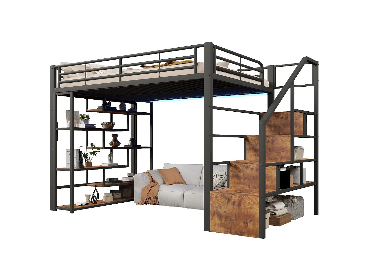 Łóżko piętrowe 140 x 200 cm ze schodkami do przechowywania, otwarte półki pod łóżkiem – Metal i płyta MDF – LED – Czarne (Materac nie jest wliczony w cenę)