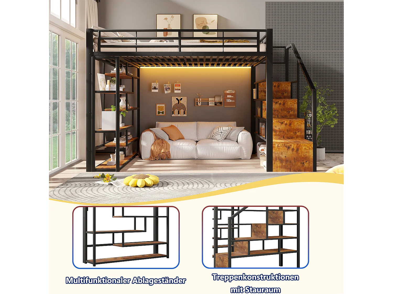 Łóżko piętrowe 140 x 200 cm ze schodkami do przechowywania, otwarte półki pod łóżkiem – Metal i płyta MDF – LED – Czarne (Materac nie jest wliczony w cenę)
