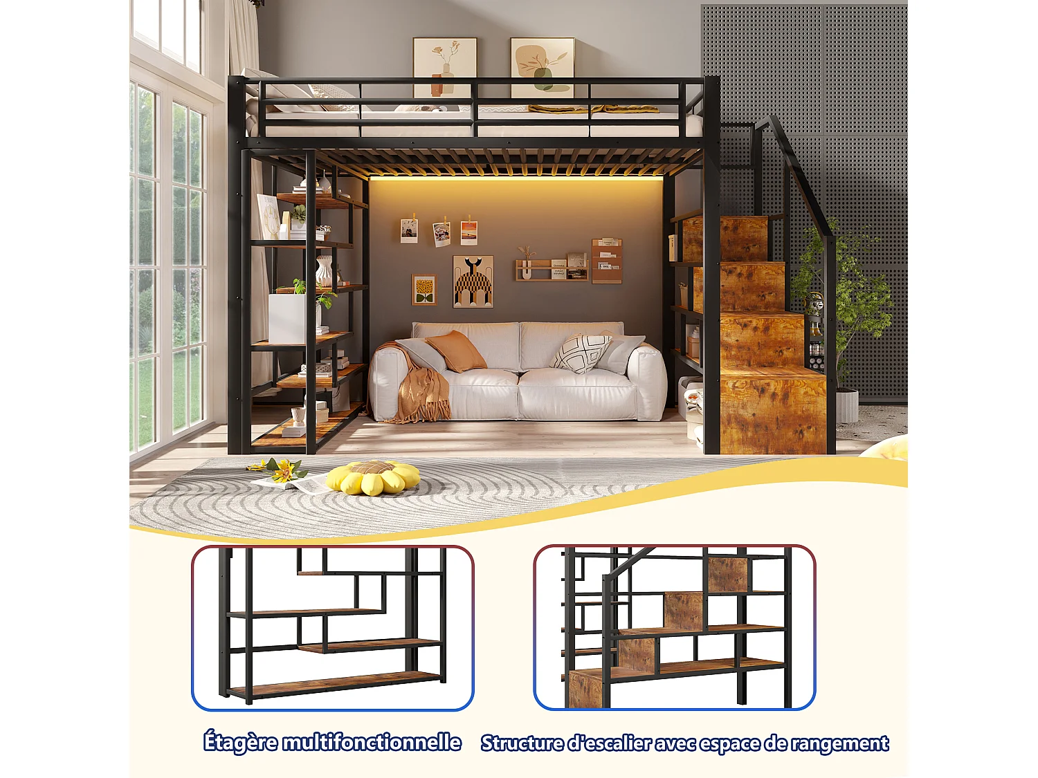 Łóżko piętrowe 140 x 200 cm ze schodkami do przechowywania, otwarte półki pod łóżkiem – Metal i płyta MDF – LED – Czarne (Materac nie jest wliczony w cenę)