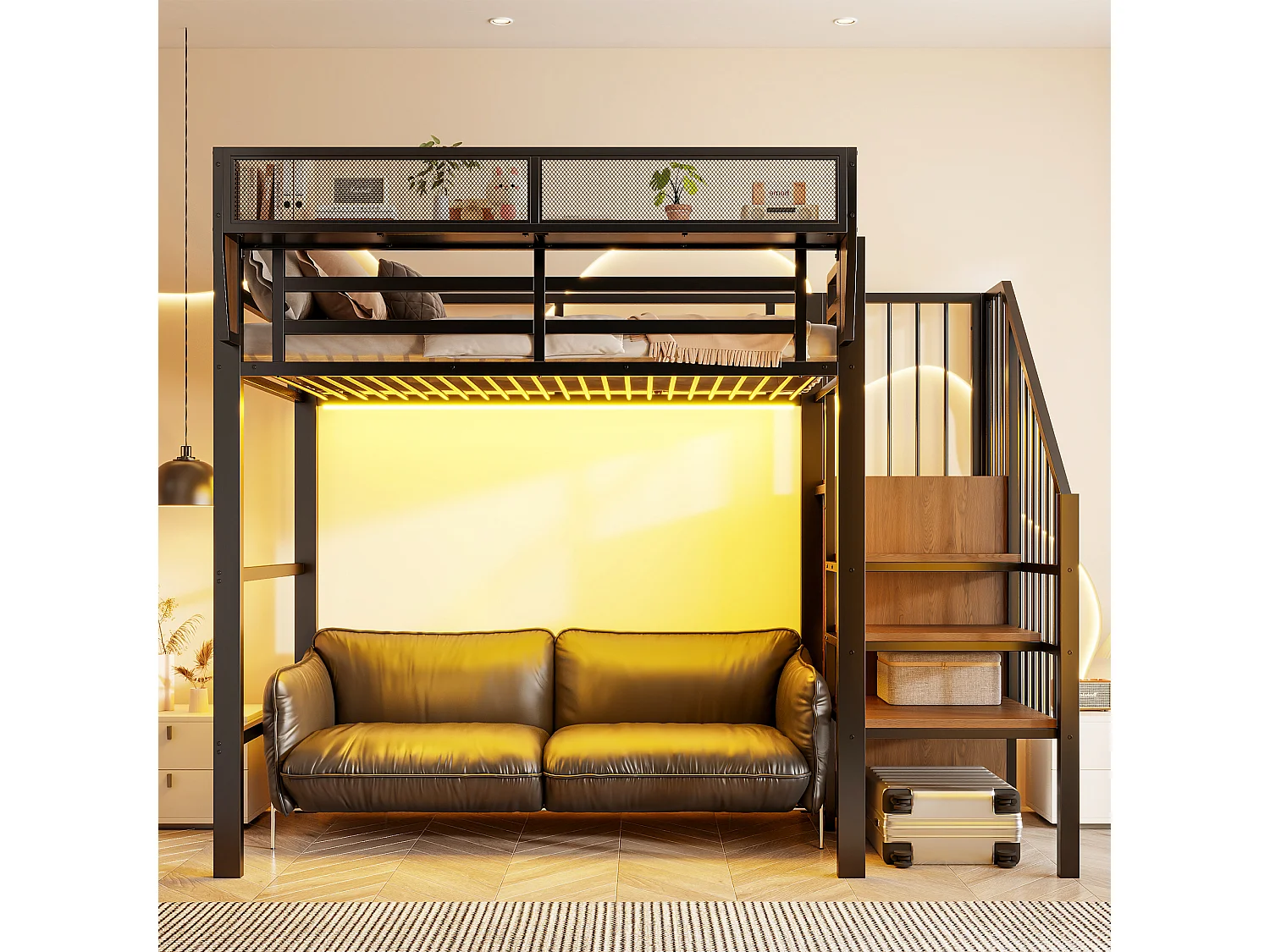 Lit mezzanine 90 x 200 cm avec LED, étagères et penderie ouverte – Structure métal robuste + MDF – Noir (Sans matelas)