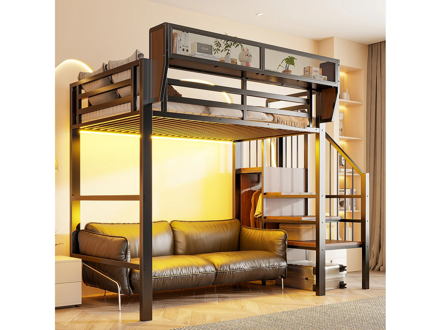 Lit mezzanine 90 x 200 cm avec LED, étagères et penderie ouverte – Structure métal robuste + MDF – Noir (Sans matelas)