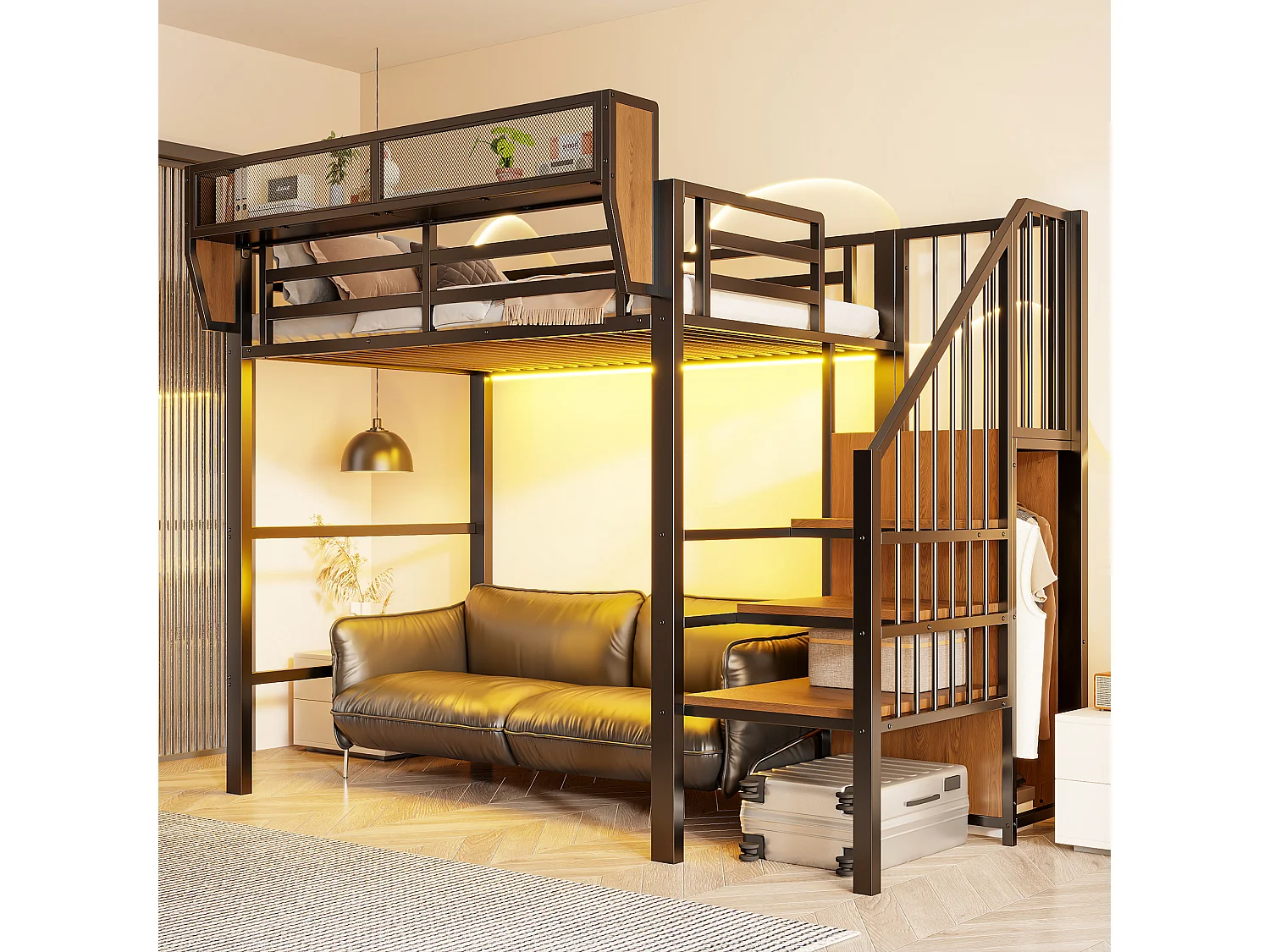 Lit mezzanine 90 x 200 cm avec LED, étagères et penderie ouverte – Structure métal robuste + MDF – Noir (Sans matelas)