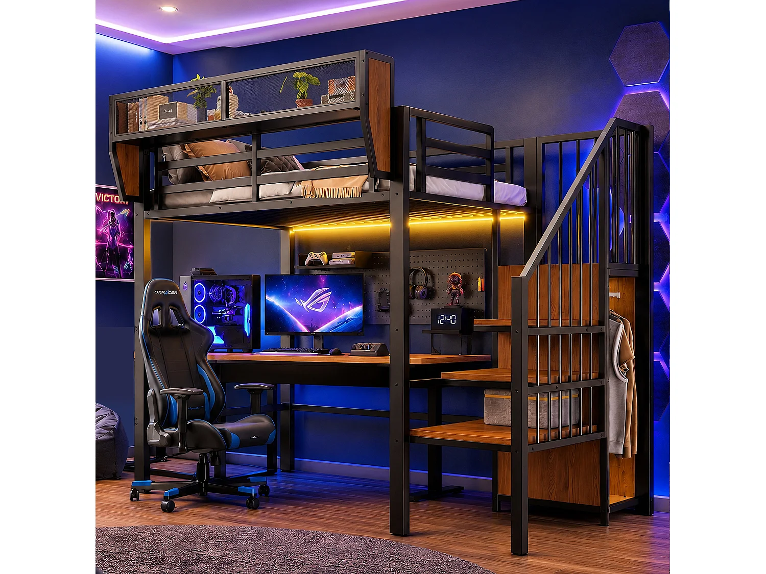 Lit mezzanine 90 x 200 cm avec LED, étagères et penderie ouverte – Structure métal robuste + MDF – Noir (Sans matelas)
