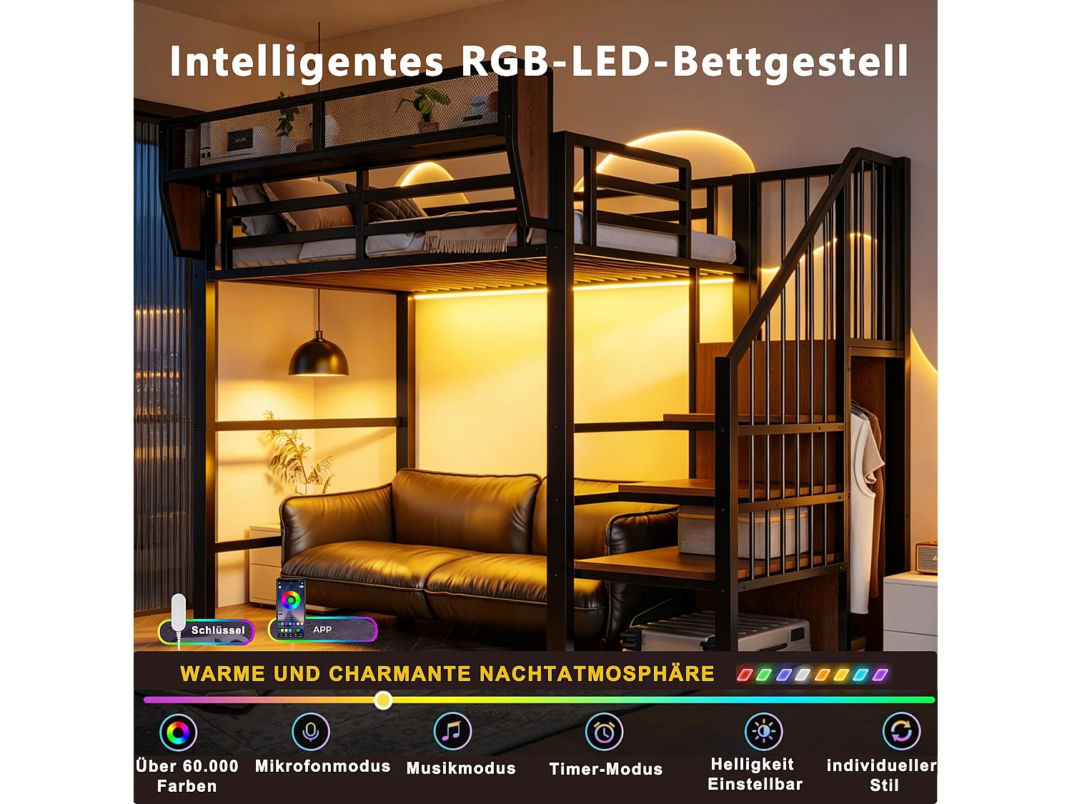 Lit mezzanine 90 x 200 cm avec LED, étagères et penderie ouverte – Structure métal robuste + MDF – Noir (Sans matelas)