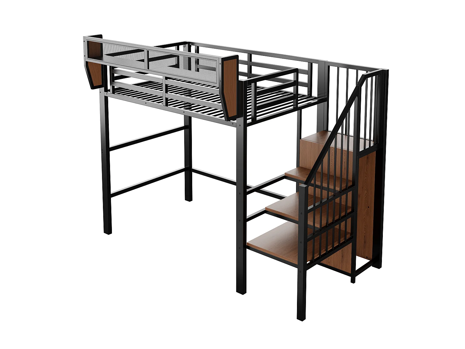 Lit mezzanine 90 x 200 cm avec LED, étagères et penderie ouverte – Structure métal robuste + MDF – Noir (Sans matelas)