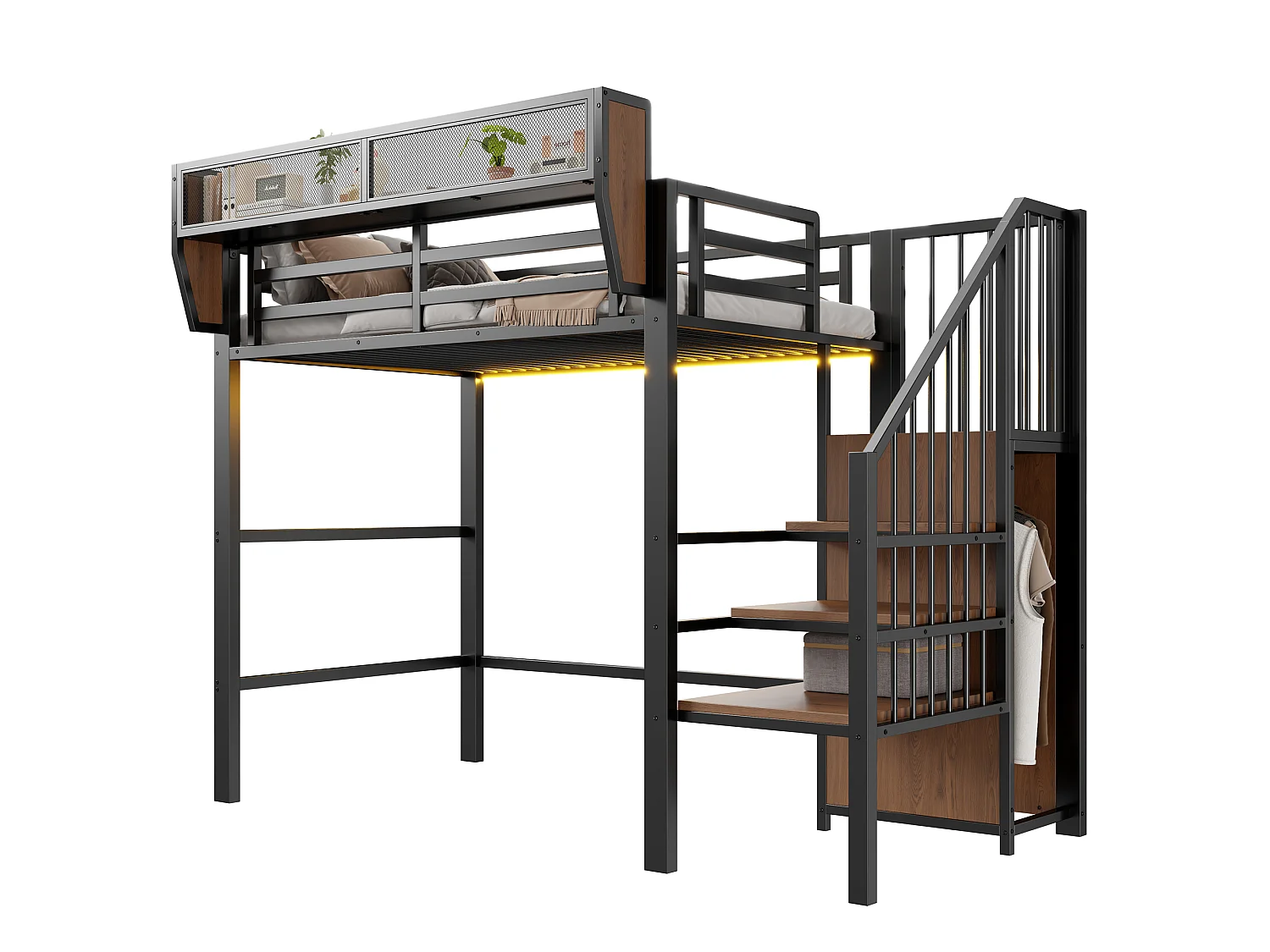 Lit mezzanine 90 x 200 cm avec LED, étagères et penderie ouverte – Structure métal robuste + MDF – Noir (Sans matelas)