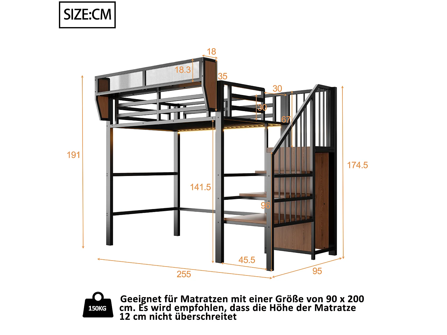 Lit mezzanine 90 x 200 cm avec LED, étagères et penderie ouverte – Structure métal robuste + MDF – Noir (Sans matelas)