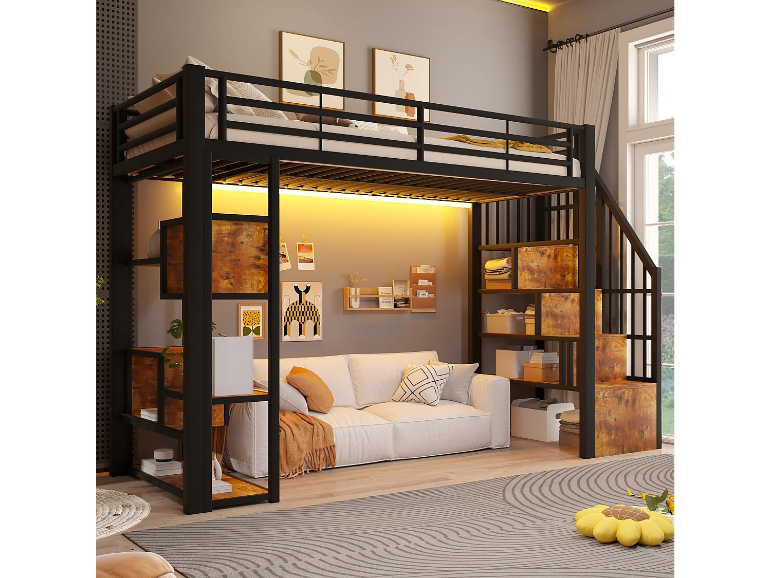 Lit mezzanine 90 x 200 cm avec marches de rangement, étagères ouvert sous le lit – Métal et MDF – LED – Noir (Sans matelas)