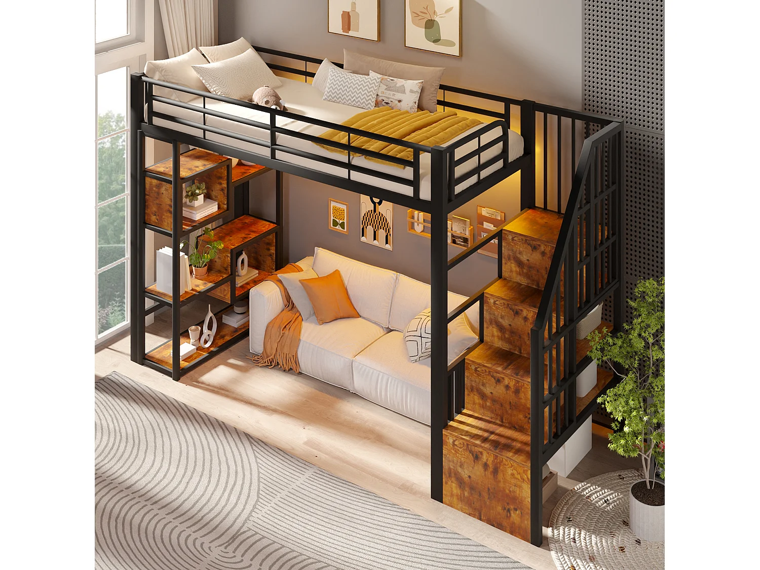 Lit mezzanine 90 x 200 cm avec marches de rangement, étagères ouvert sous le lit – Métal et MDF – LED – Noir (Sans matelas)
