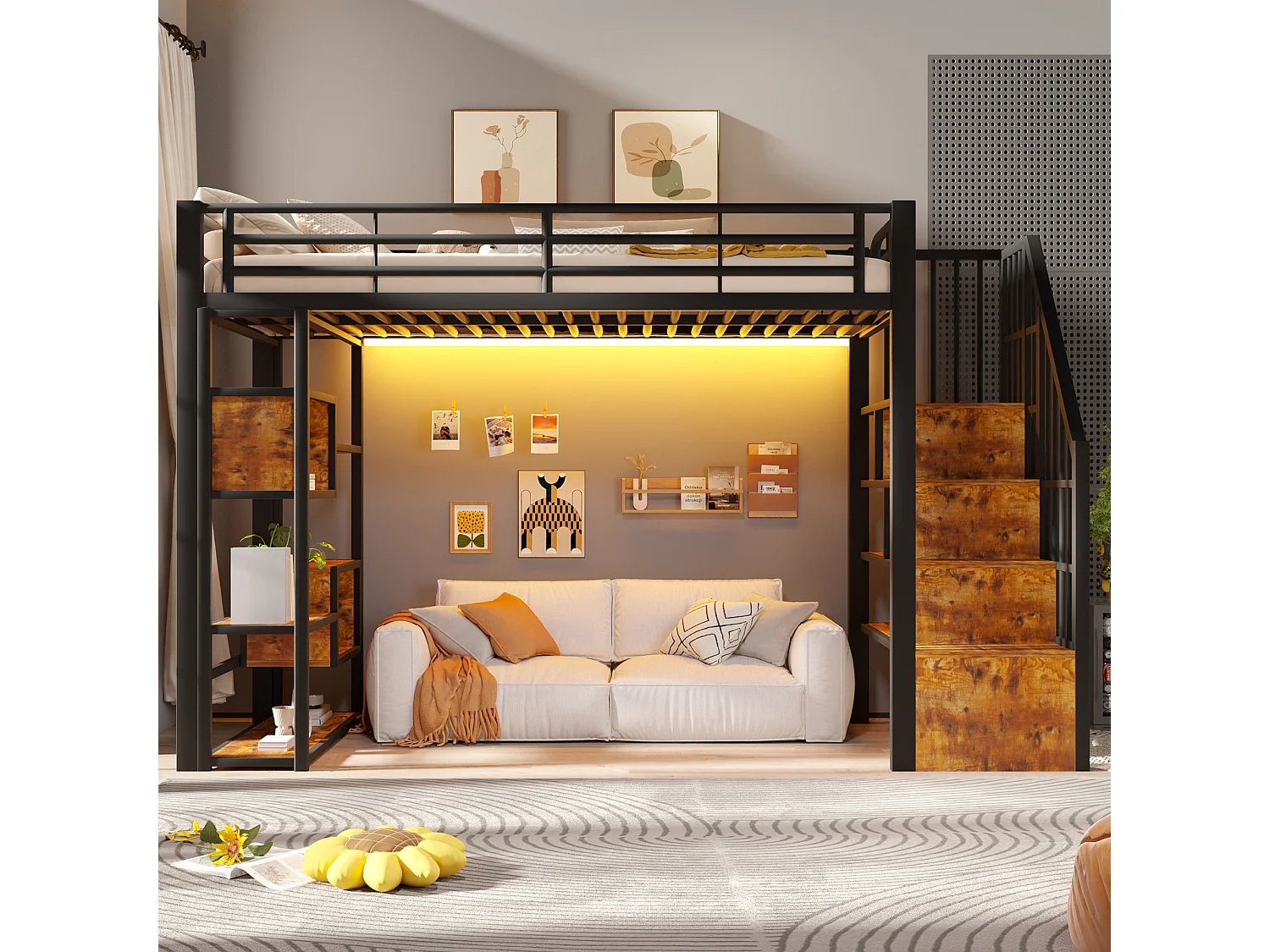 Lit mezzanine 90 x 200 cm avec marches de rangement, étagères ouvert sous le lit – Métal et MDF – LED – Noir (Sans matelas)