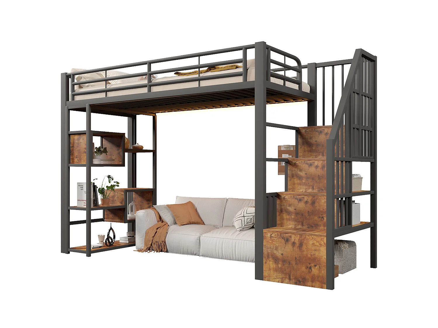 Lit mezzanine 90 x 200 cm avec marches de rangement, étagères ouvert sous le lit – Métal et MDF – LED – Noir (Sans matelas)