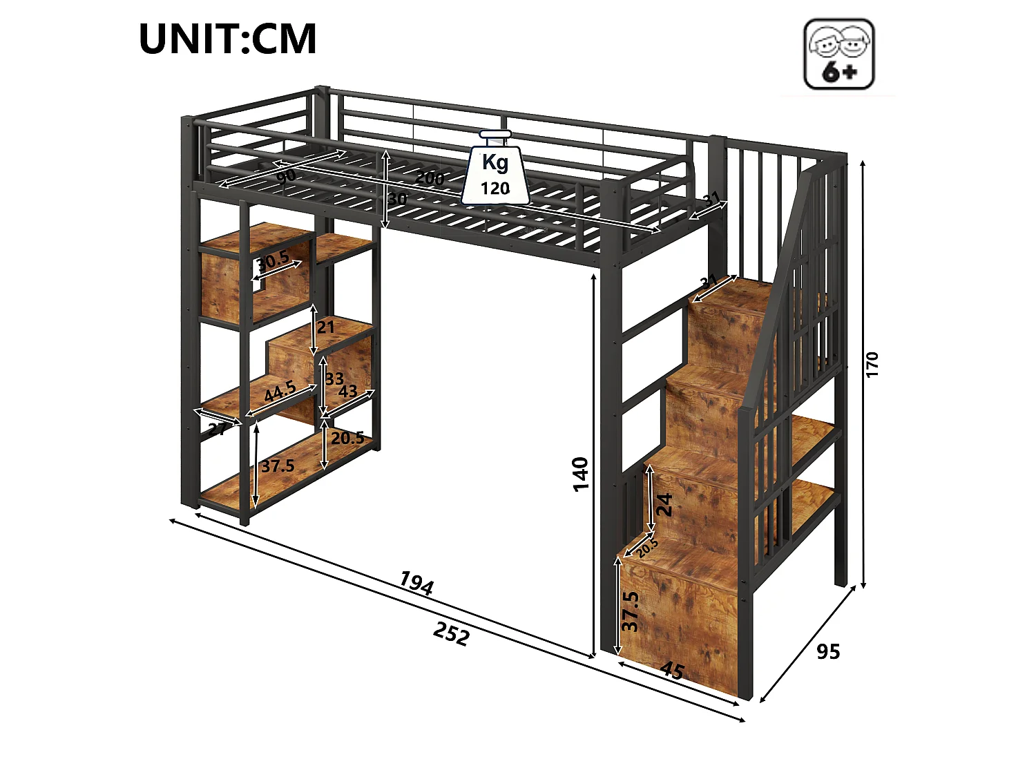 Lit mezzanine 90 x 200 cm avec marches de rangement, étagères ouvert sous le lit – Métal et MDF – LED – Noir (Sans matelas)