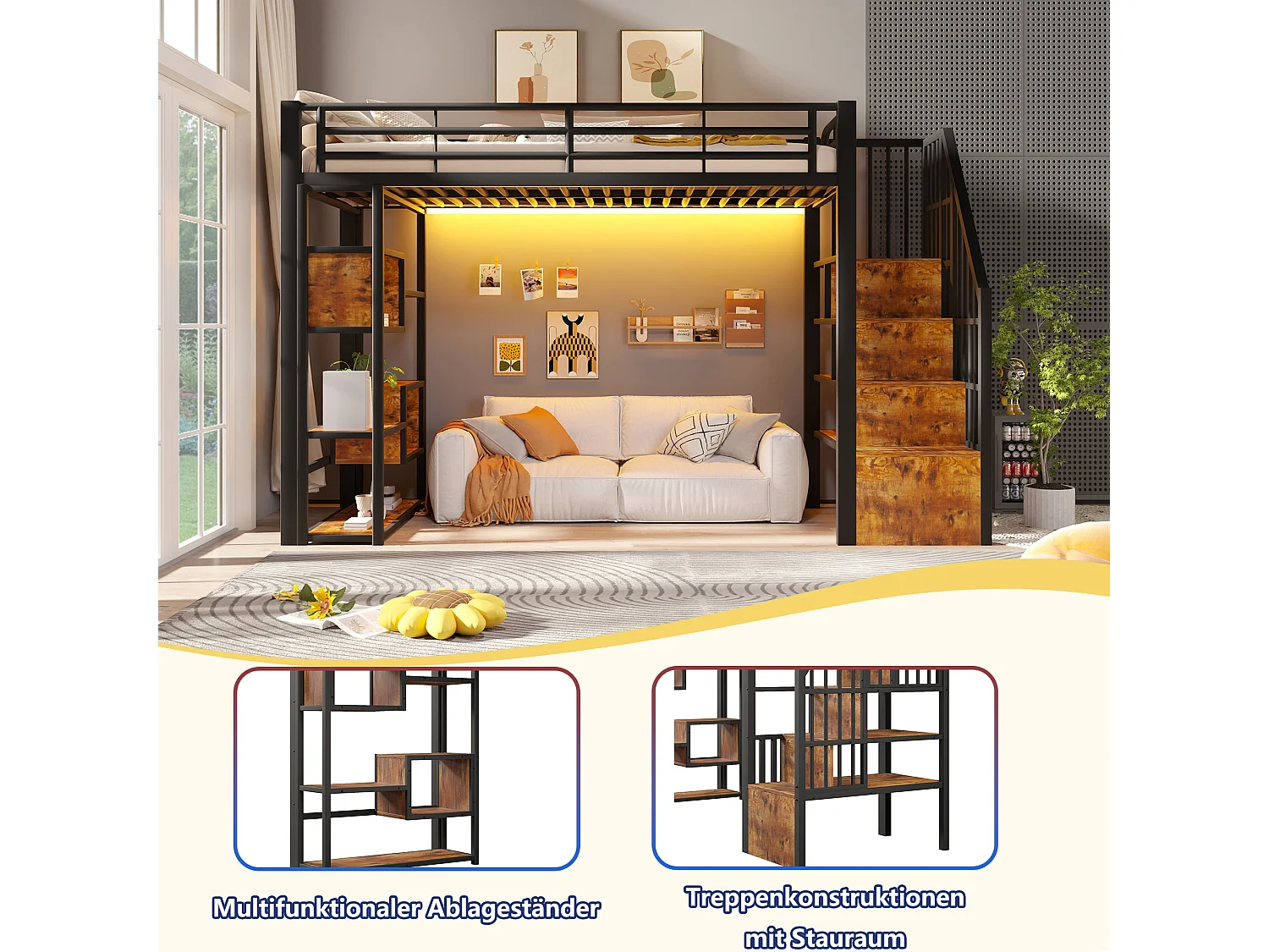 Lit mezzanine 90 x 200 cm avec marches de rangement, étagères ouvert sous le lit – Métal et MDF – LED – Noir (Sans matelas)