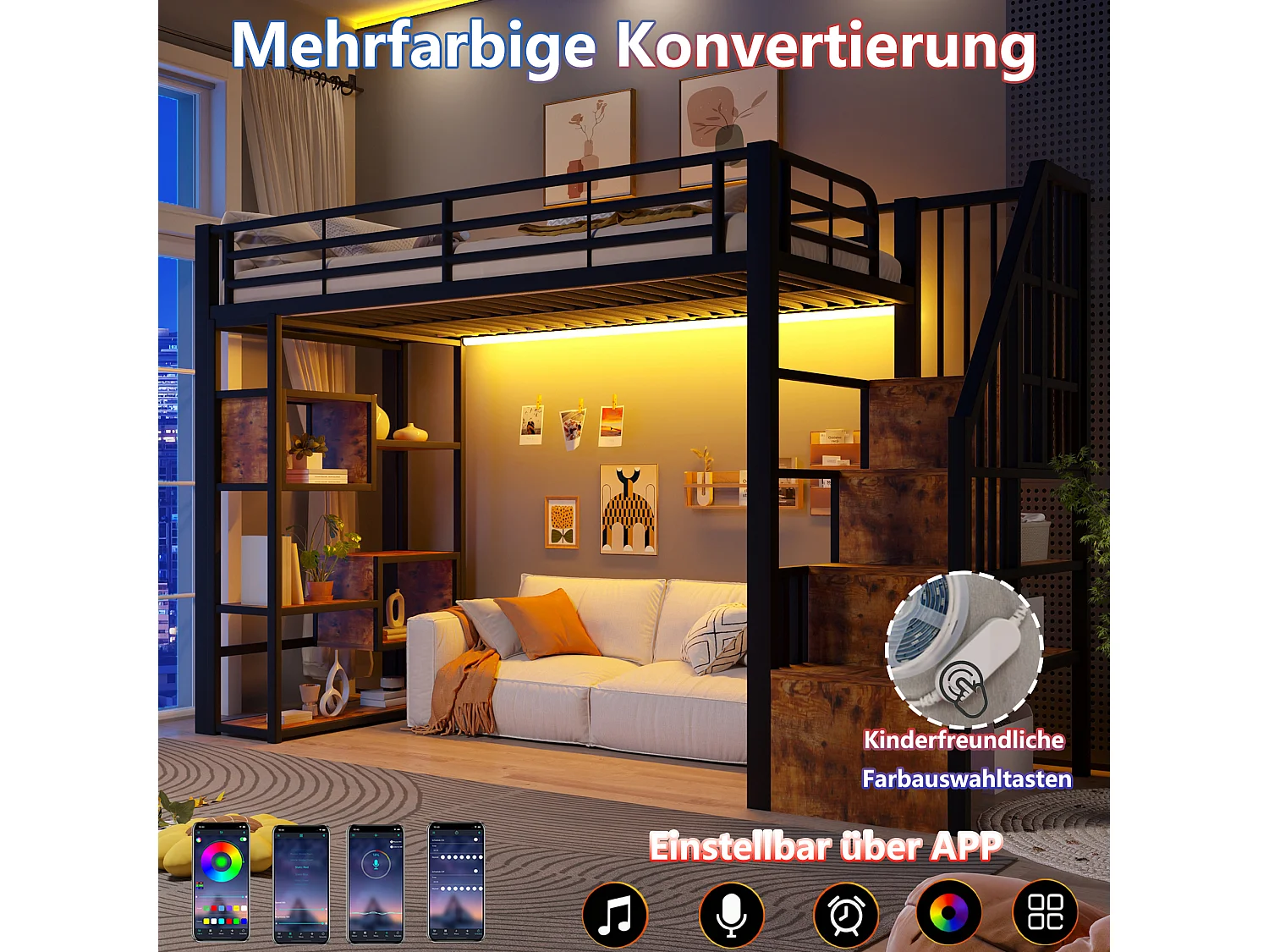 Lit mezzanine 90 x 200 cm avec marches de rangement, étagères ouvert sous le lit – Métal et MDF – LED – Noir (Sans matelas)