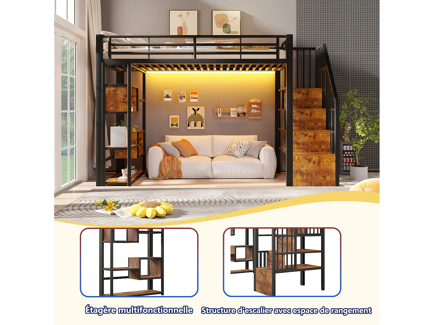 Lit mezzanine 90 x 200 cm avec marches de rangement, étagères ouvert sous le lit – Métal et MDF – LED – Noir (Sans matelas)