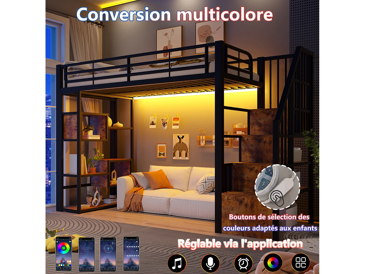 Lit mezzanine 90 x 200 cm avec marches de rangement, étagères ouvert sous le lit – Métal et MDF – LED – Noir (Sans matelas)