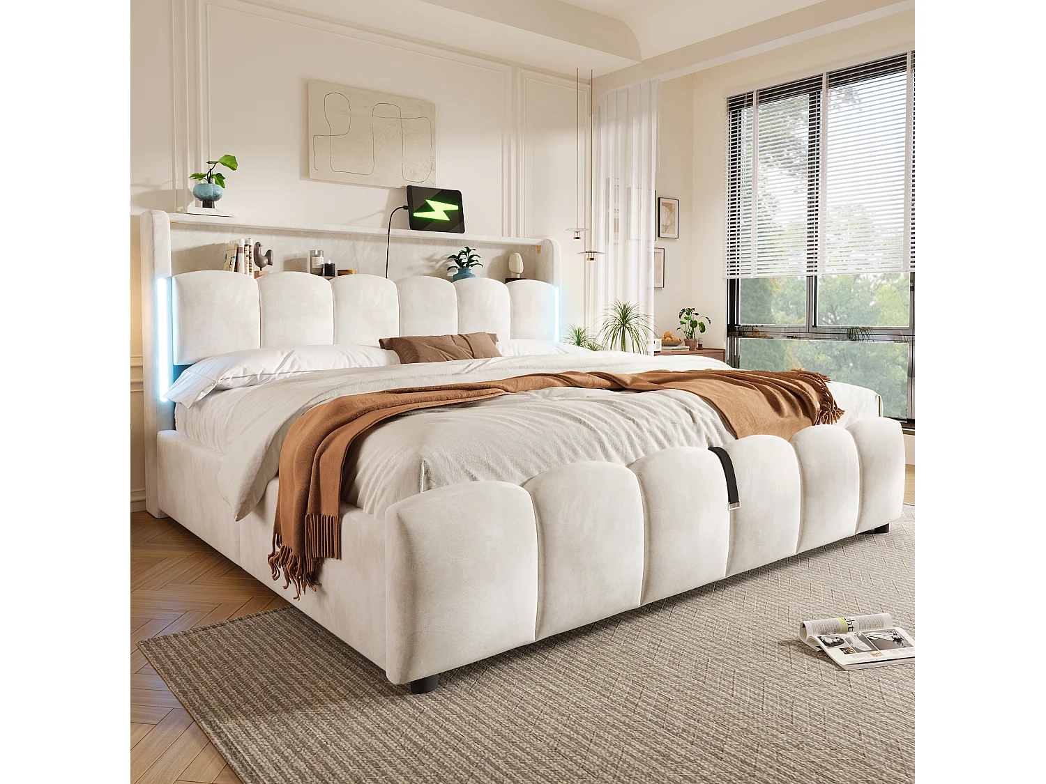 180 x 200 cm storage bed with hydraulic storage, headboard storage, LED lighting, USB and Type-C ports - Velvet - Beige (Mattress not included)