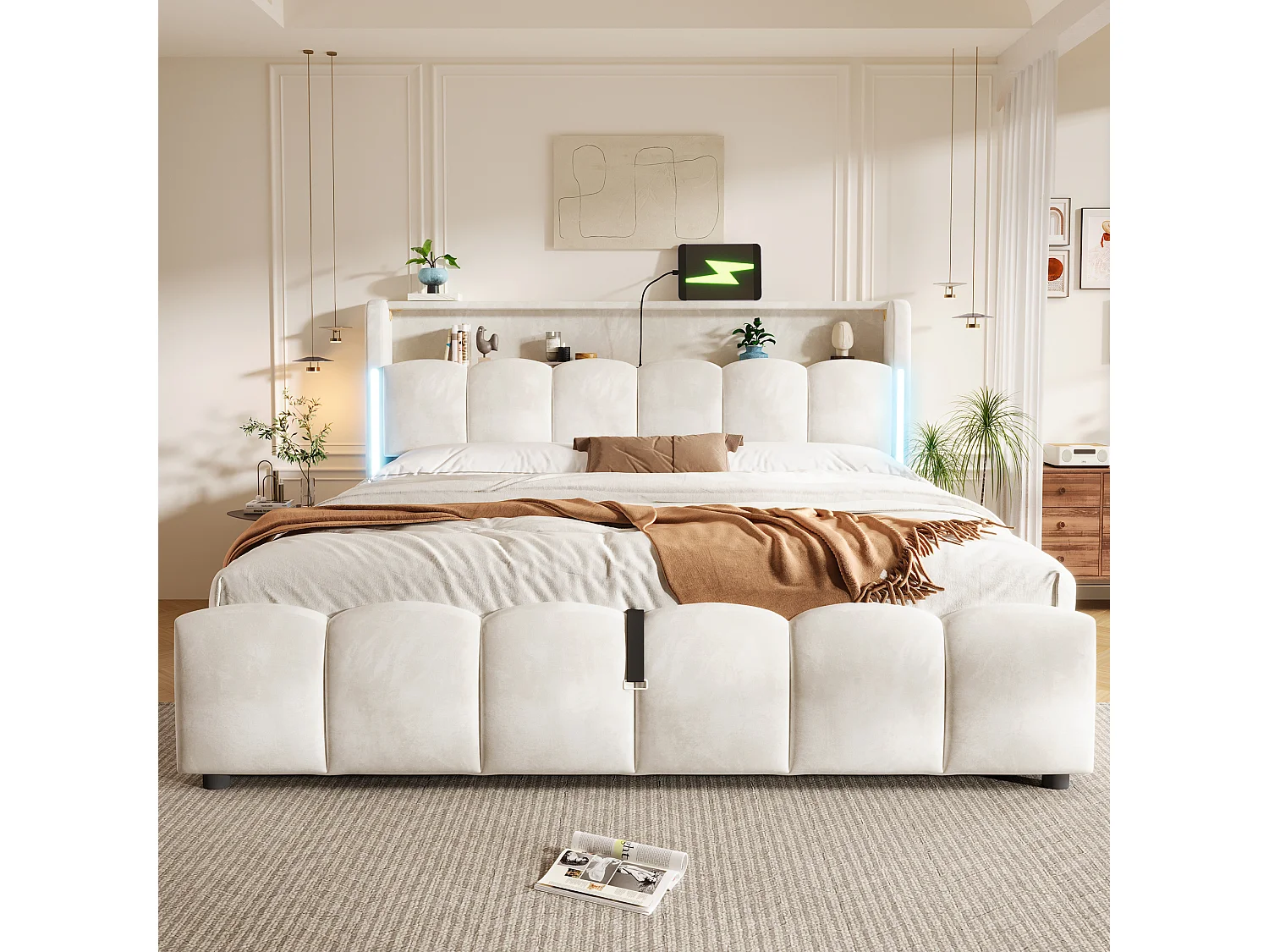 180 x 200 cm storage bed with hydraulic storage, headboard storage, LED lighting, USB and Type-C ports - Velvet - Beige (Mattress not included)
