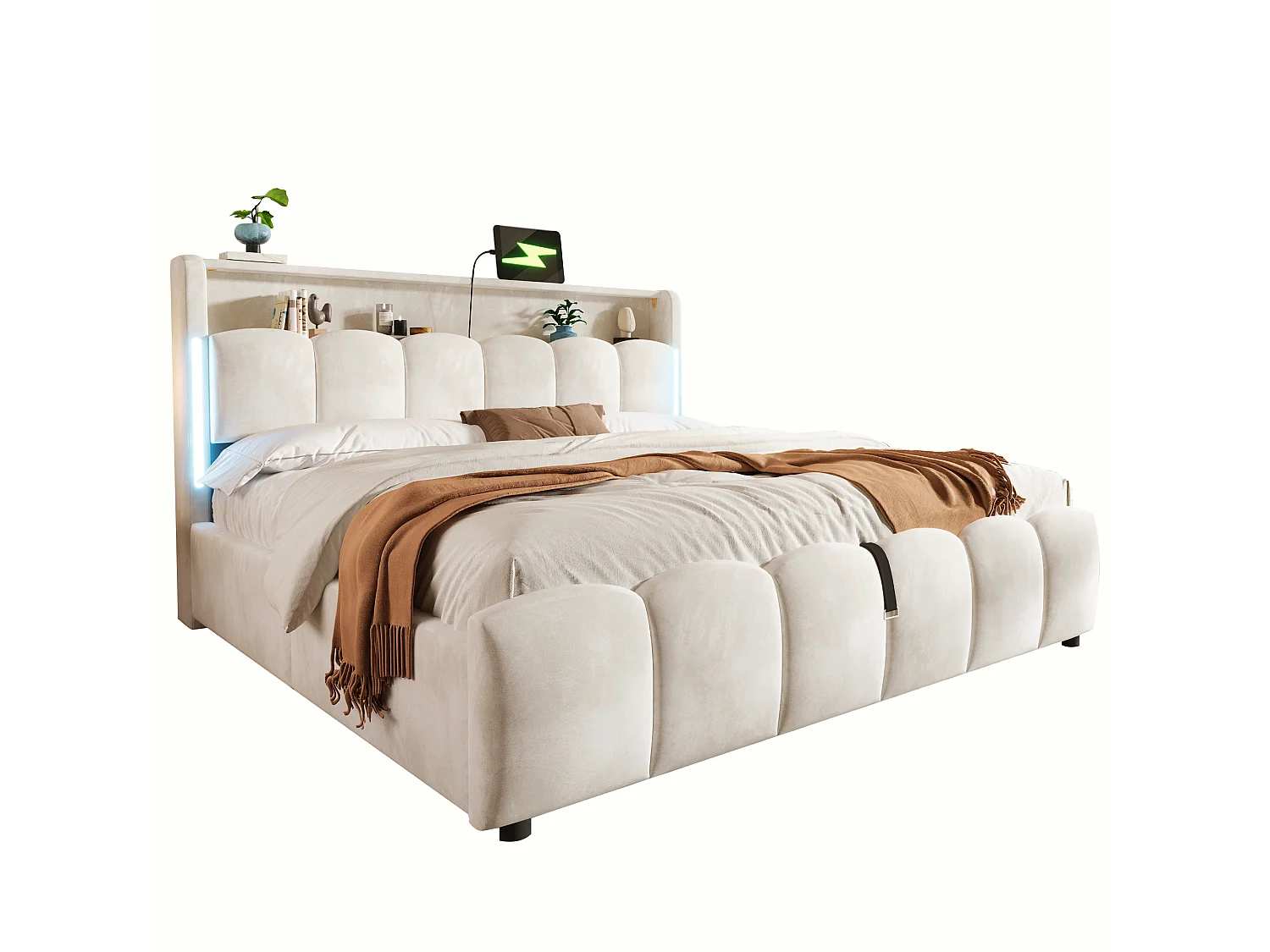 180 x 200 cm storage bed with hydraulic storage, headboard storage, LED lighting, USB and Type-C ports - Velvet - Beige (Mattress not included)