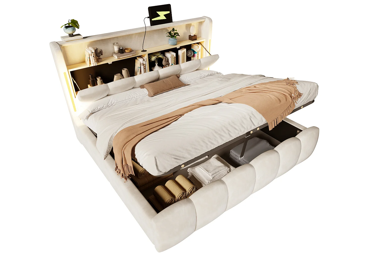 180 x 200 cm storage bed with hydraulic storage, headboard storage, LED lighting, USB and Type-C ports - Velvet - Beige (Mattress not included)