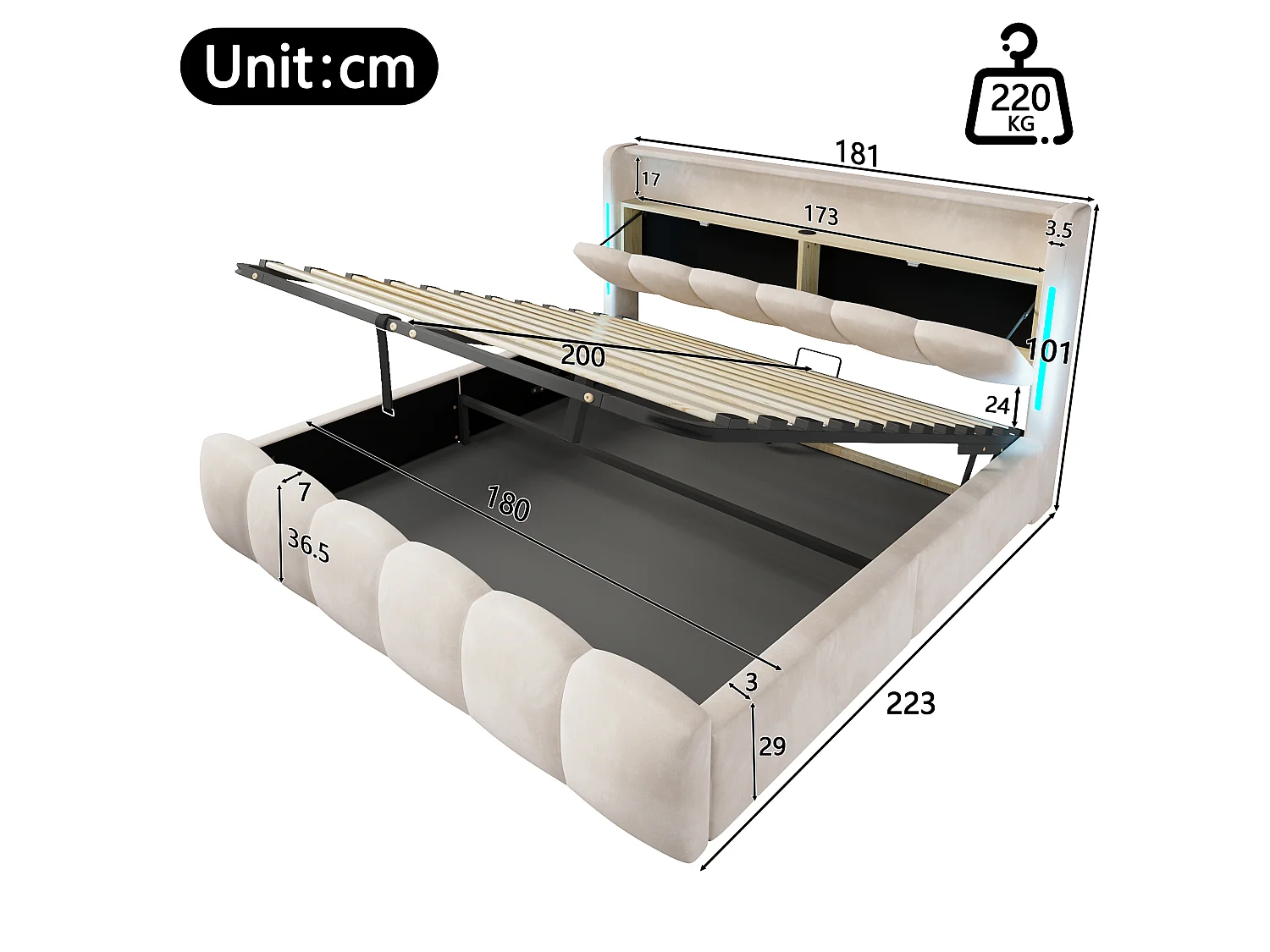 180 x 200 cm storage bed with hydraulic storage, headboard storage, LED lighting, USB and Type-C ports - Velvet - Beige (Mattress not included)