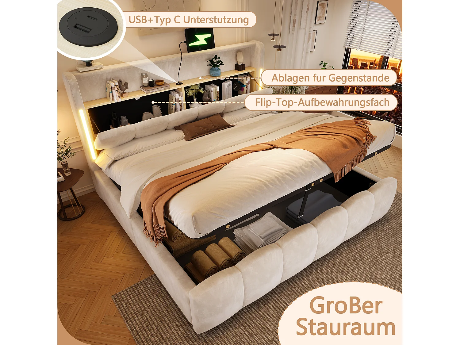 180 x 200 cm storage bed with hydraulic storage, headboard storage, LED lighting, USB and Type-C ports - Velvet - Beige (Mattress not included)
