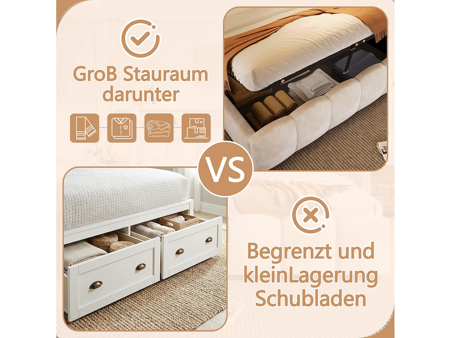 180 x 200 cm storage bed with hydraulic storage, headboard storage, LED lighting, USB and Type-C ports - Velvet - Beige (Mattress not included)