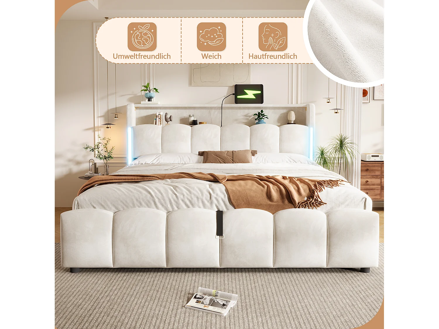 180 x 200 cm storage bed with hydraulic storage, headboard storage, LED lighting, USB and Type-C ports - Velvet - Beige (Mattress not included)