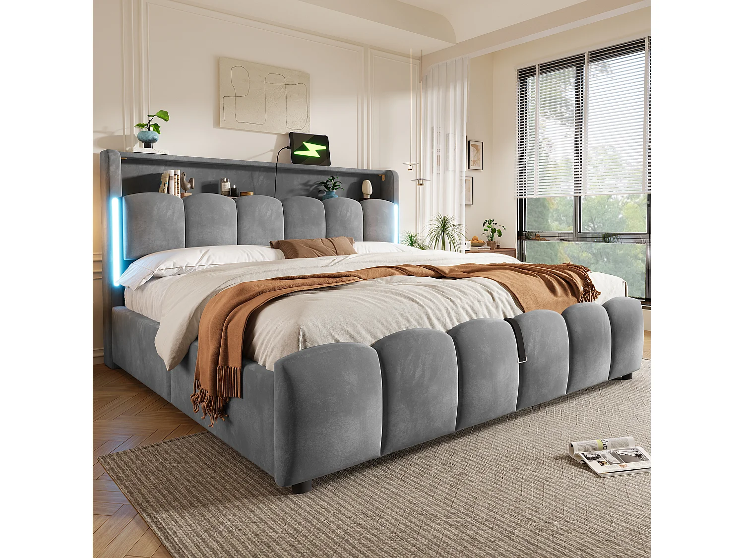 180 x 200 cm storage bed with hydraulic storage, headboard storage, LED lighting, USB and Type-C ports - Velvet - Grey (Mattress not included)