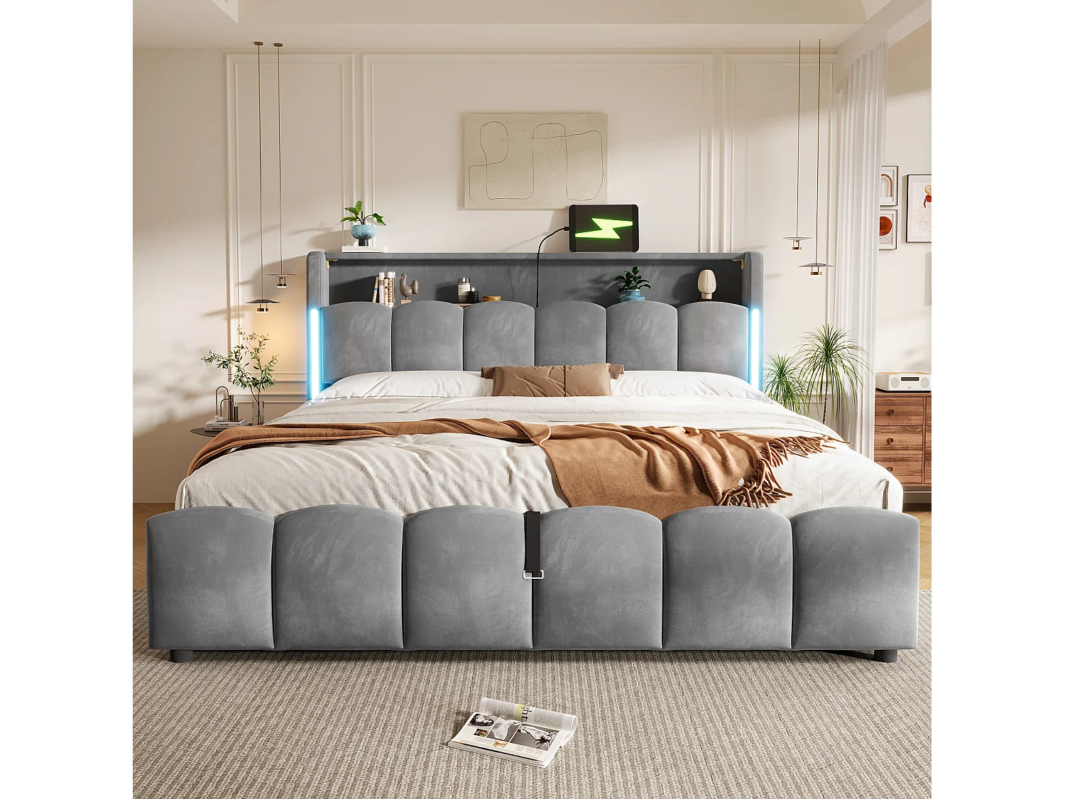 180 x 200 cm storage bed with hydraulic storage, headboard storage, LED lighting, USB and Type-C ports - Velvet - Grey (Mattress not included)