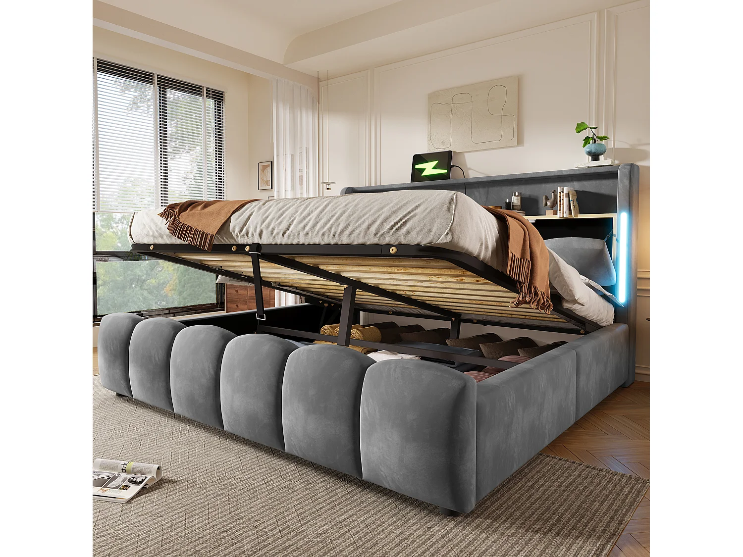 180 x 200 cm storage bed with hydraulic storage, headboard storage, LED lighting, USB and Type-C ports - Velvet - Grey (Mattress not included)