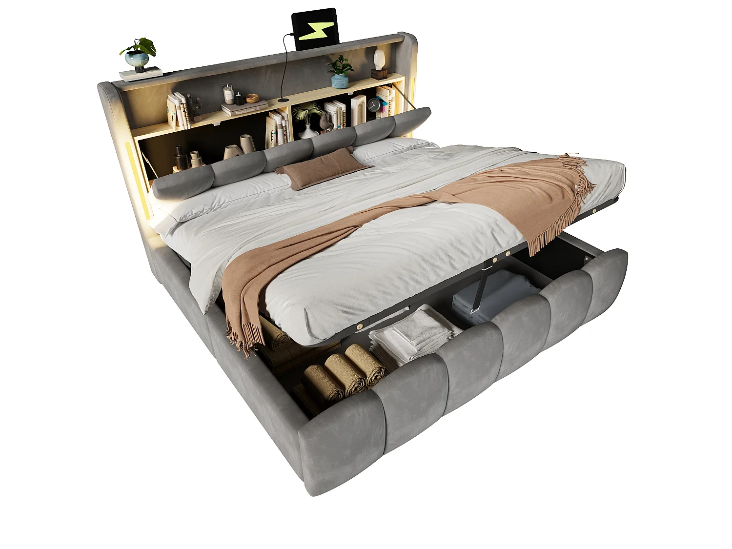 180 x 200 cm storage bed with hydraulic storage, headboard storage, LED lighting, USB and Type-C ports - Velvet - Grey (Mattress not included)