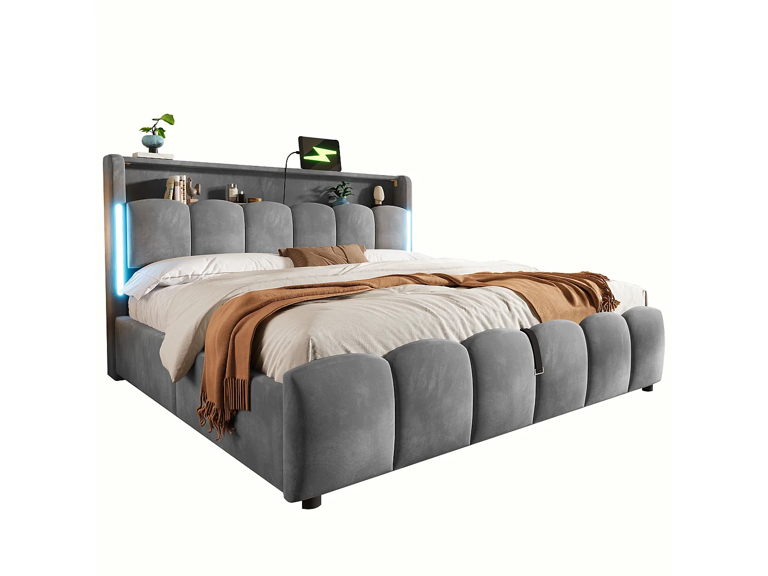 180 x 200 cm storage bed with hydraulic storage, headboard storage, LED lighting, USB and Type-C ports - Velvet - Grey (Mattress not included)