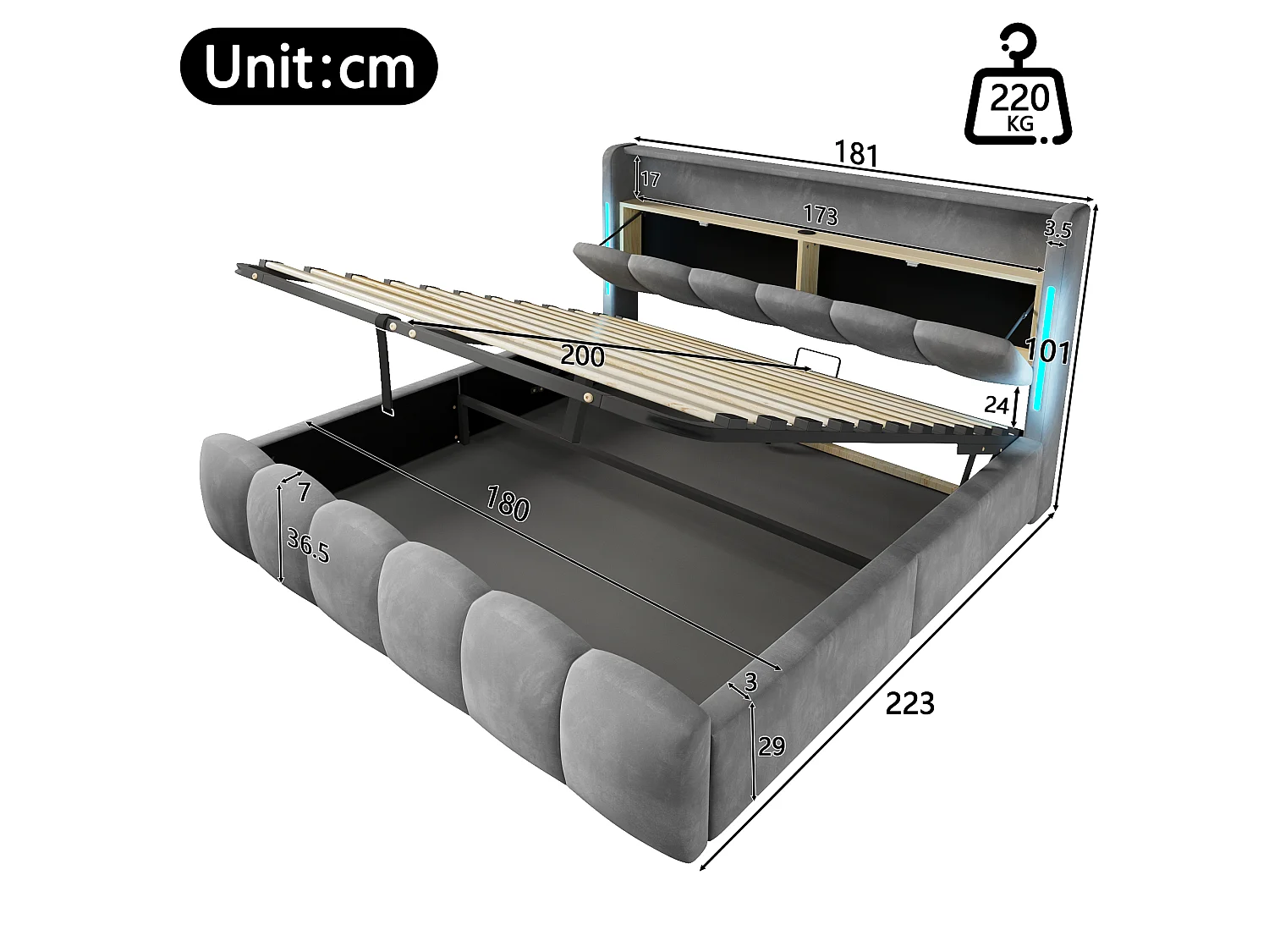 180 x 200 cm storage bed with hydraulic storage, headboard storage, LED lighting, USB and Type-C ports - Velvet - Grey (Mattress not included)