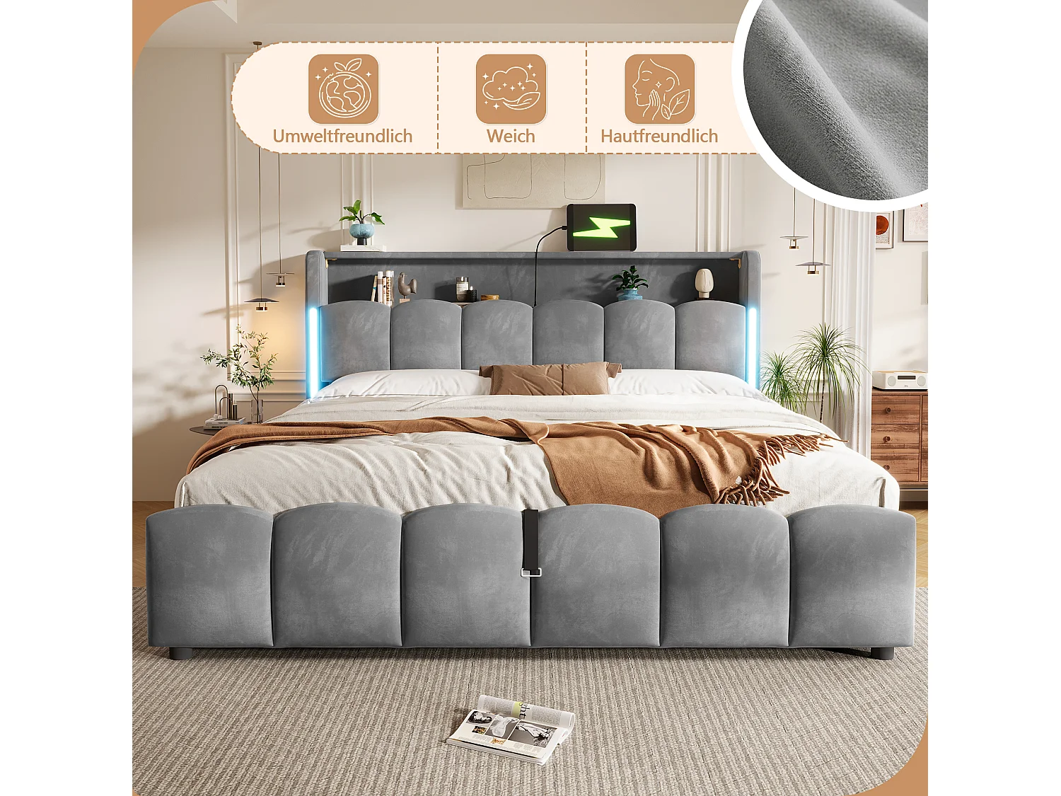 180 x 200 cm storage bed with hydraulic storage, headboard storage, LED lighting, USB and Type-C ports - Velvet - Grey (Mattress not included)