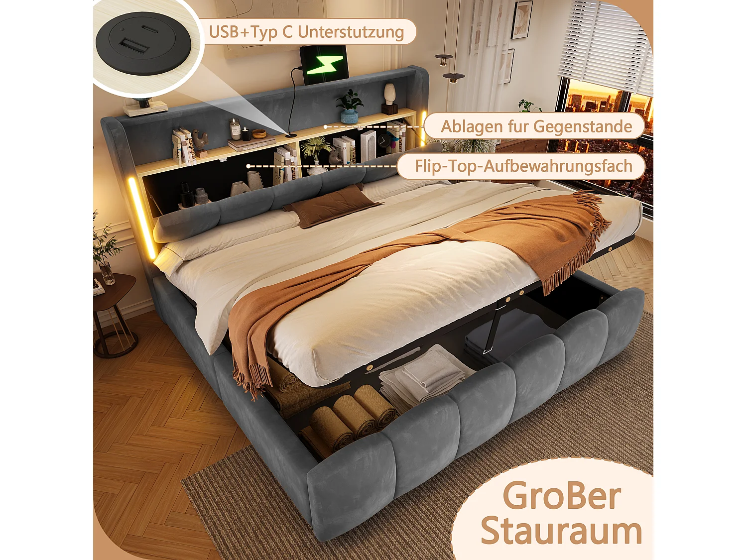 180 x 200 cm storage bed with hydraulic storage, headboard storage, LED lighting, USB and Type-C ports - Velvet - Grey (Mattress not included)