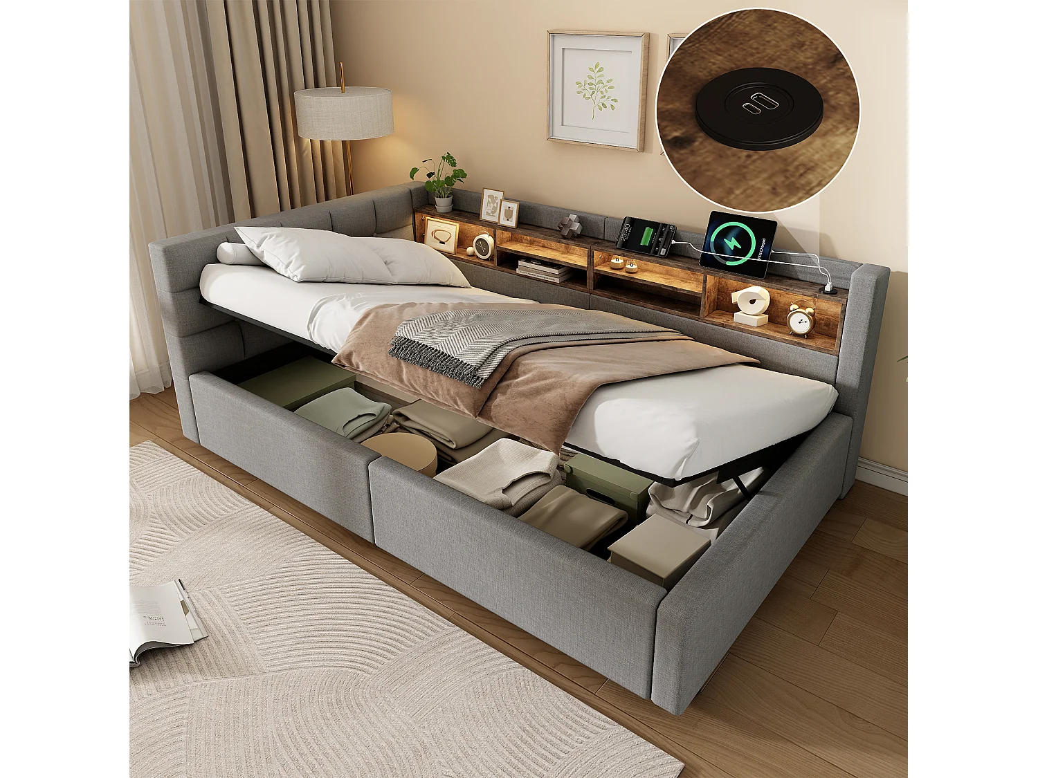 90 x 200 cm storage bed with hydraulic storage compartment, shelves, adjustable LED lighting and USB port - Linen - Grey (Mattress not included)