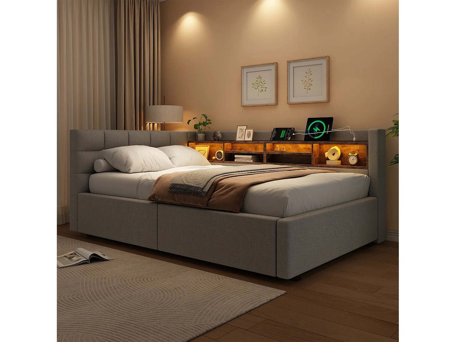 90 x 200 cm storage bed with hydraulic storage compartment, shelves, adjustable LED lighting and USB port - Linen - Grey (Mattress not included)