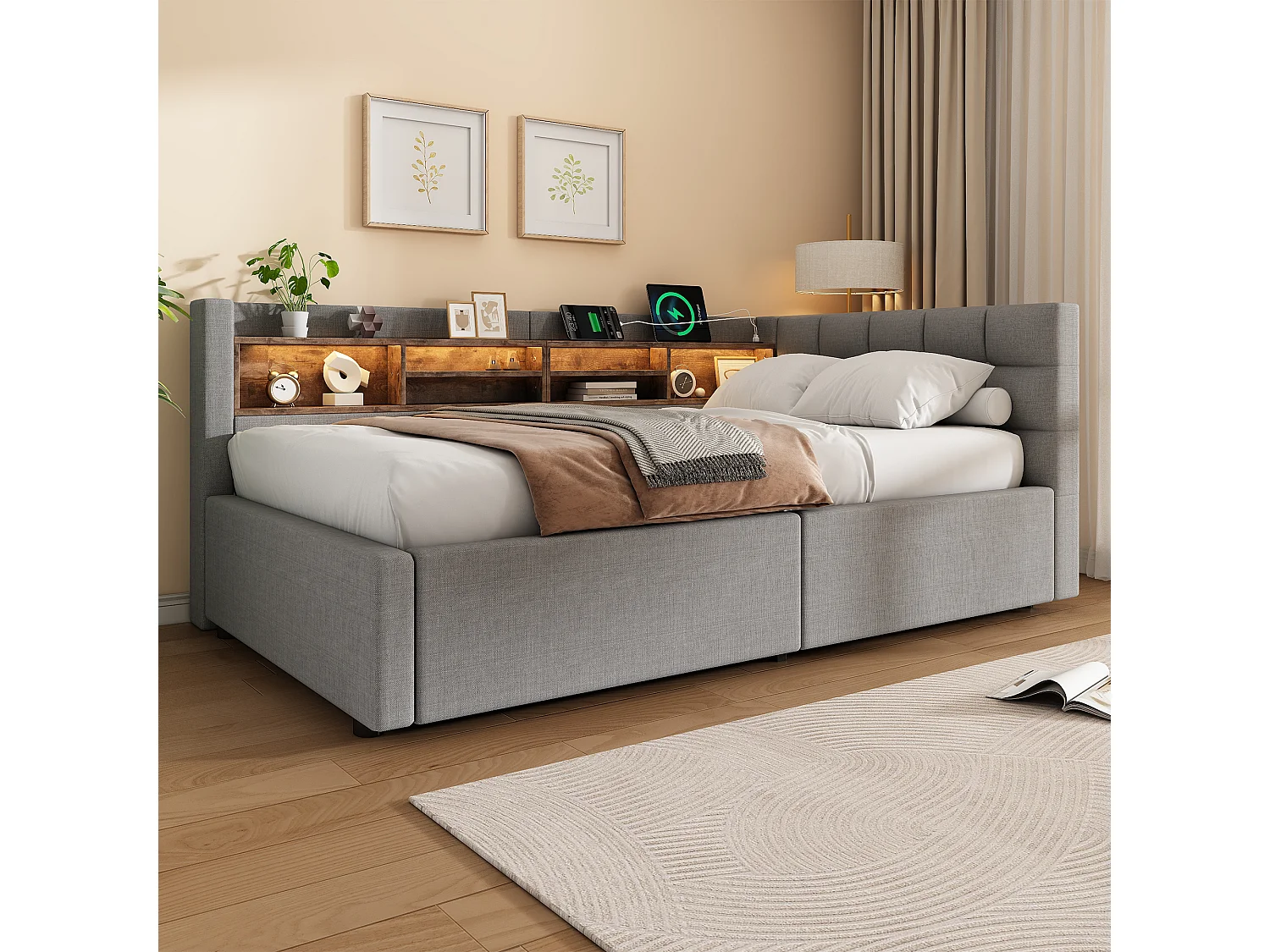90 x 200 cm storage bed with hydraulic storage compartment, shelves, adjustable LED lighting and USB port - Linen - Grey (Mattress not included)