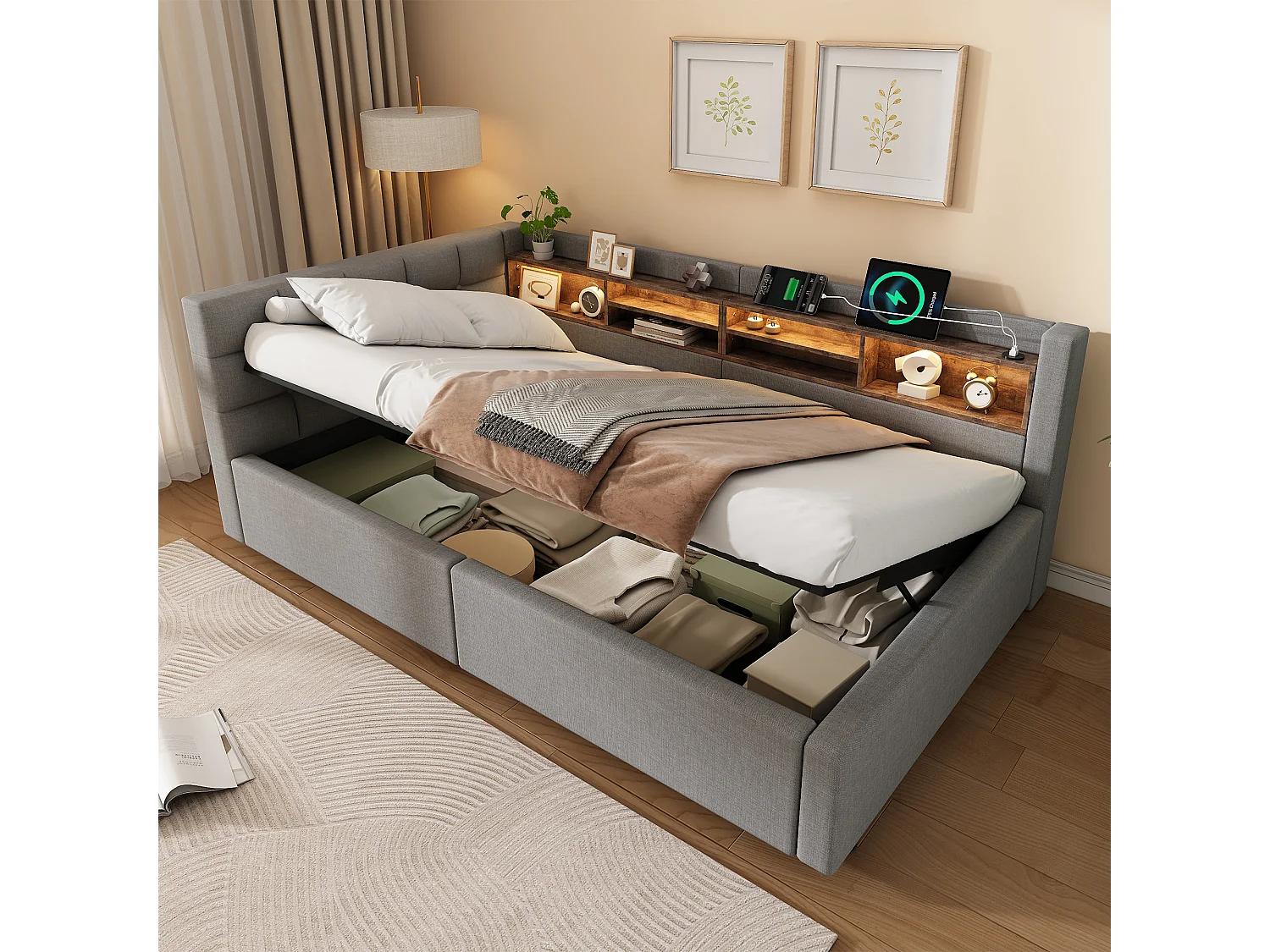 90 x 200 cm storage bed with hydraulic storage compartment, shelves, adjustable LED lighting and USB port - Linen - Grey (Mattress not included)