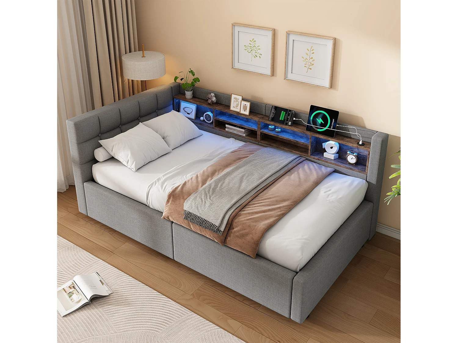 90 x 200 cm storage bed with hydraulic storage compartment, shelves, adjustable LED lighting and USB port - Linen - Grey (Mattress not included)