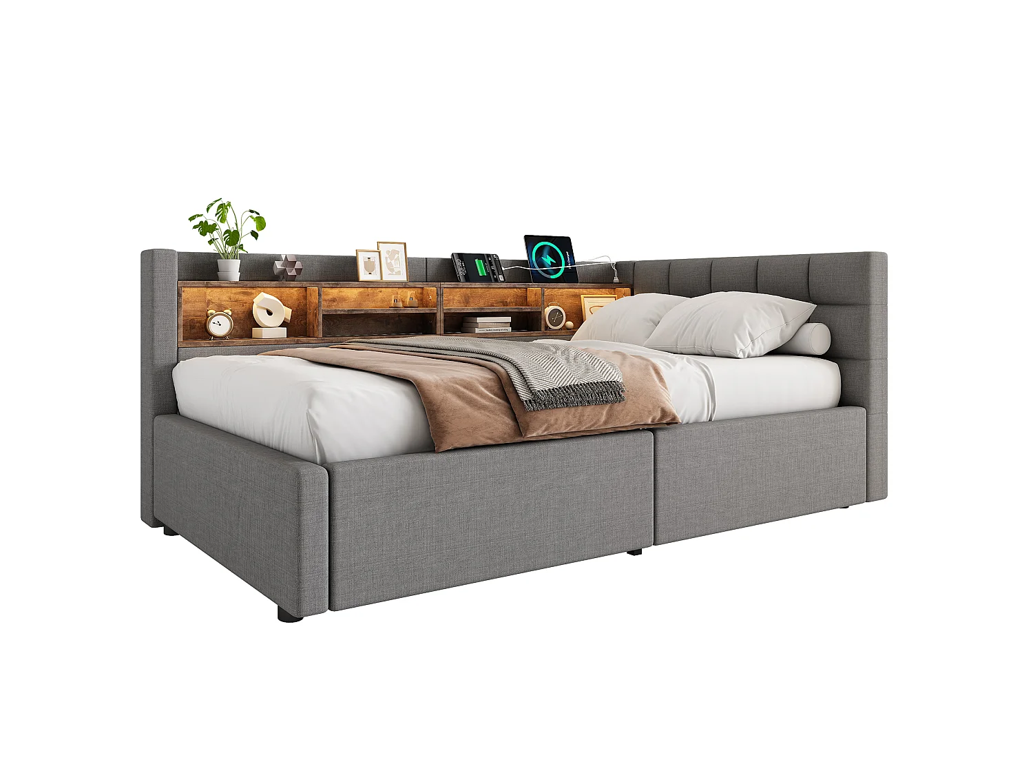 90 x 200 cm storage bed with hydraulic storage compartment, shelves, adjustable LED lighting and USB port - Linen - Grey (Mattress not included)