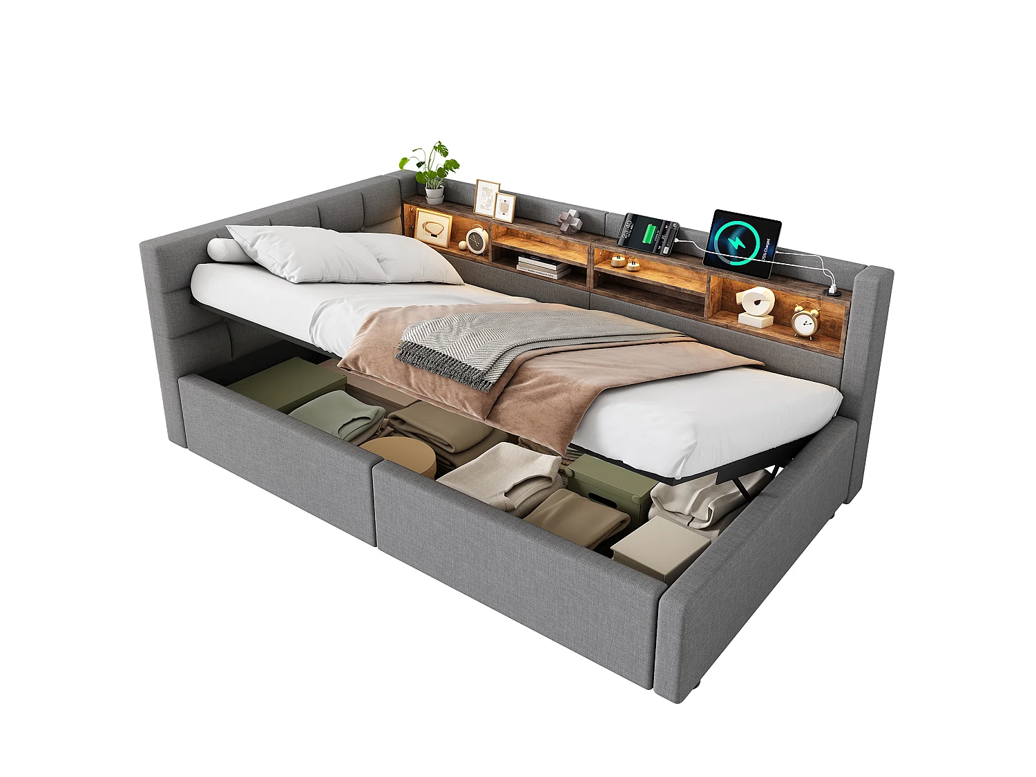 90 x 200 cm storage bed with hydraulic storage compartment, shelves, adjustable LED lighting and USB port - Linen - Grey (Mattress not included)
