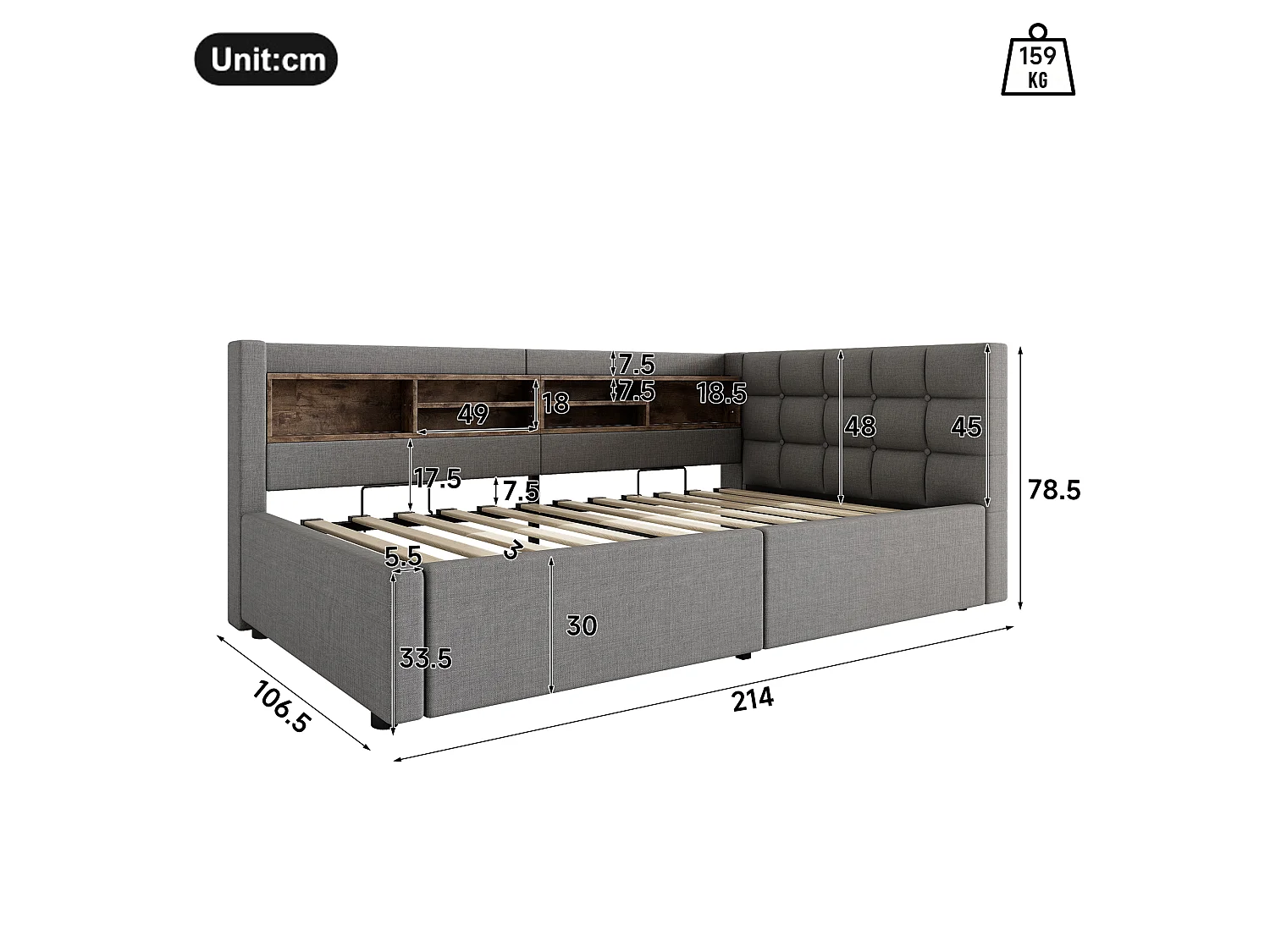 90 x 200 cm storage bed with hydraulic storage compartment, shelves, adjustable LED lighting and USB port - Linen - Grey (Mattress not included)