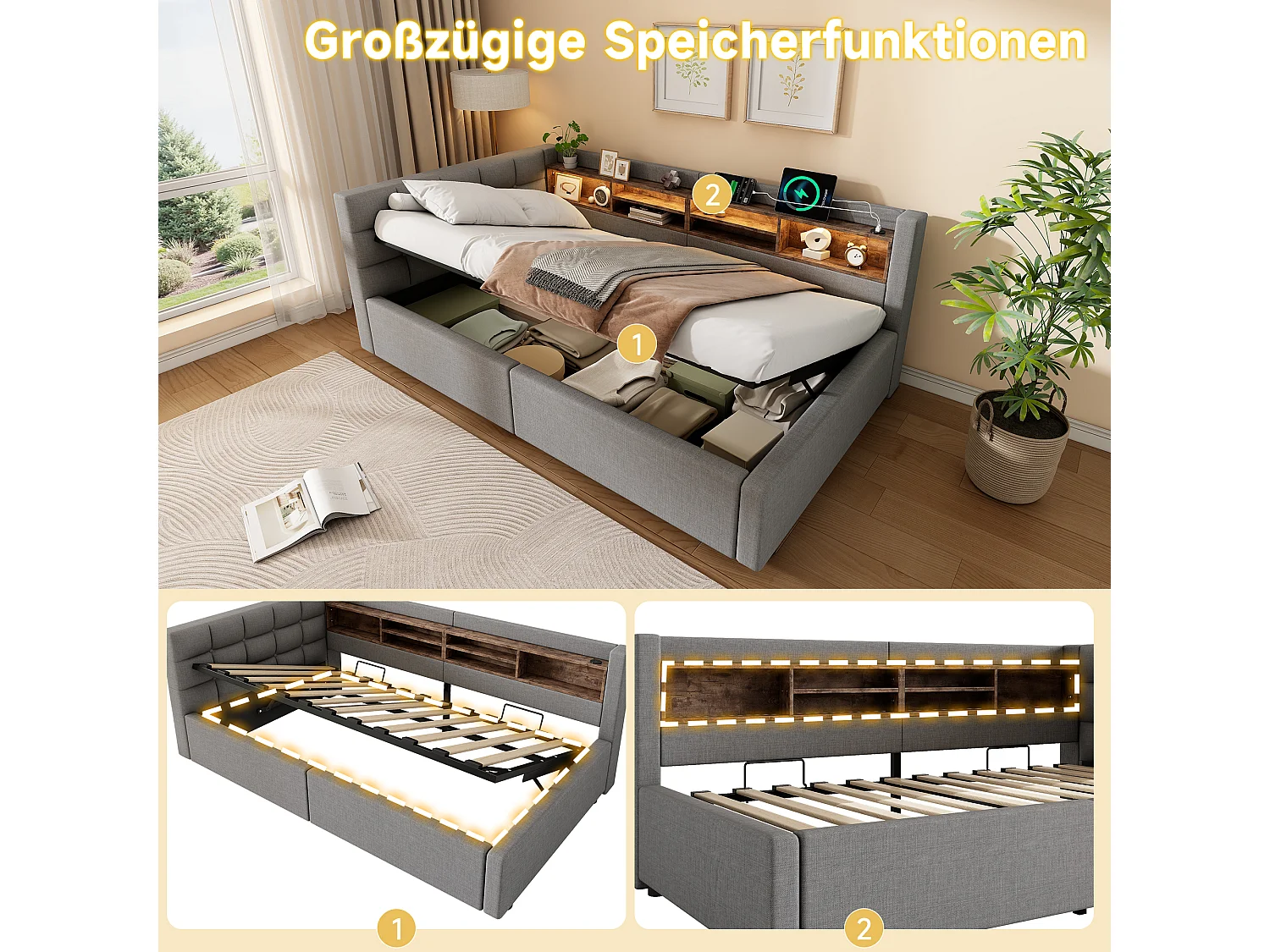 90 x 200 cm storage bed with hydraulic storage compartment, shelves, adjustable LED lighting and USB port - Linen - Grey (Mattress not included)
