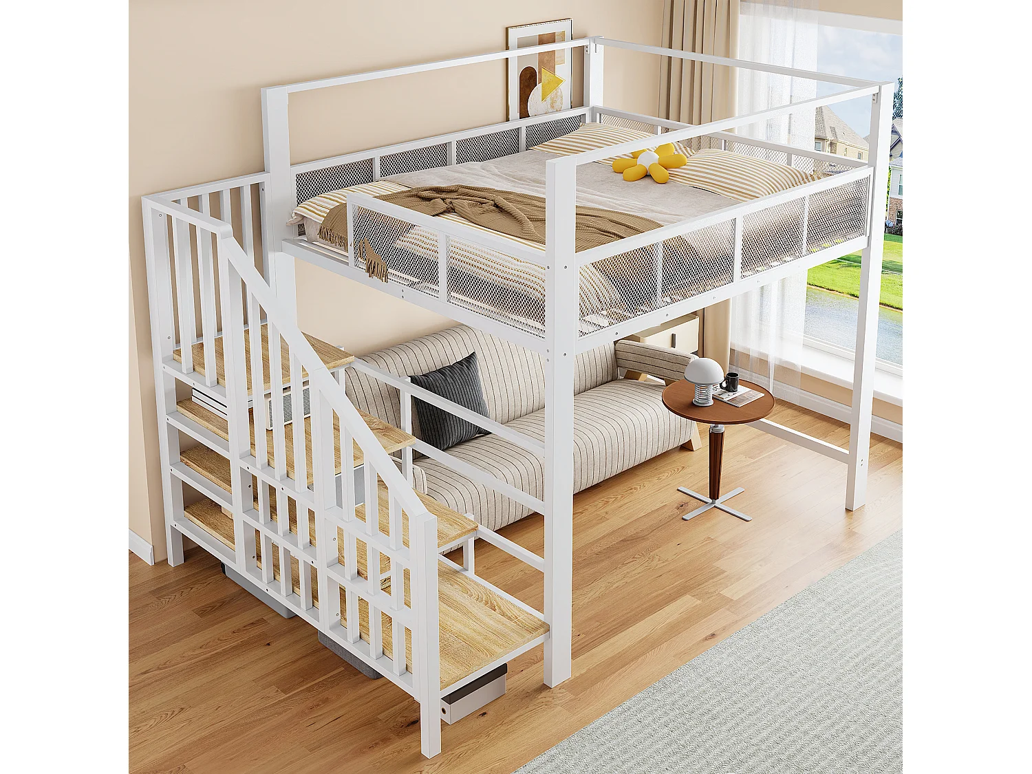 Lit mezzanine 140 x 200 cm avec escalier de rangement et barrière de sécurité - Métal + MDF - Blanc (Sans matelas)