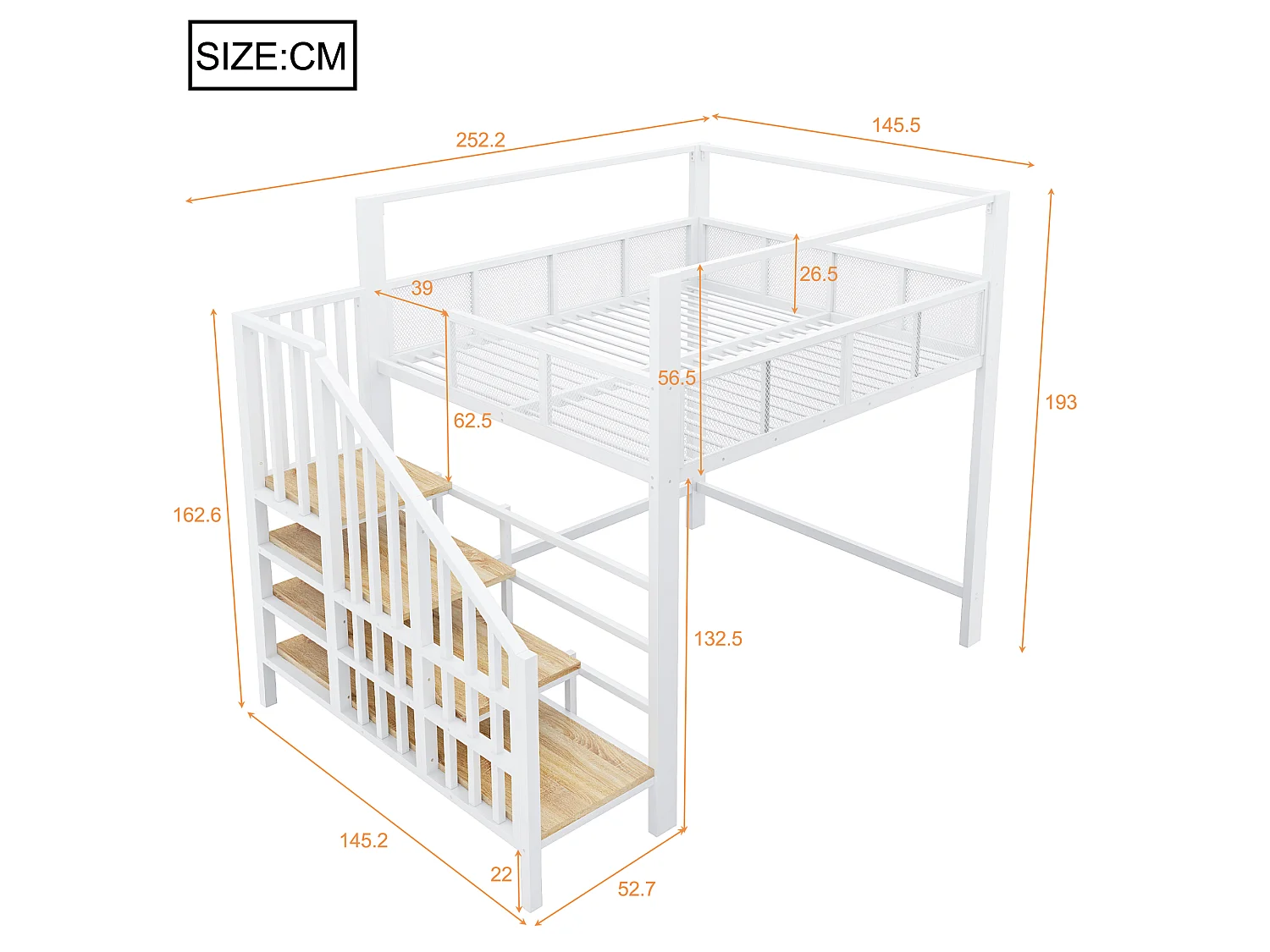 Lit mezzanine 140 x 200 cm avec escalier de rangement et barrière de sécurité - Métal + MDF - Blanc (Sans matelas)