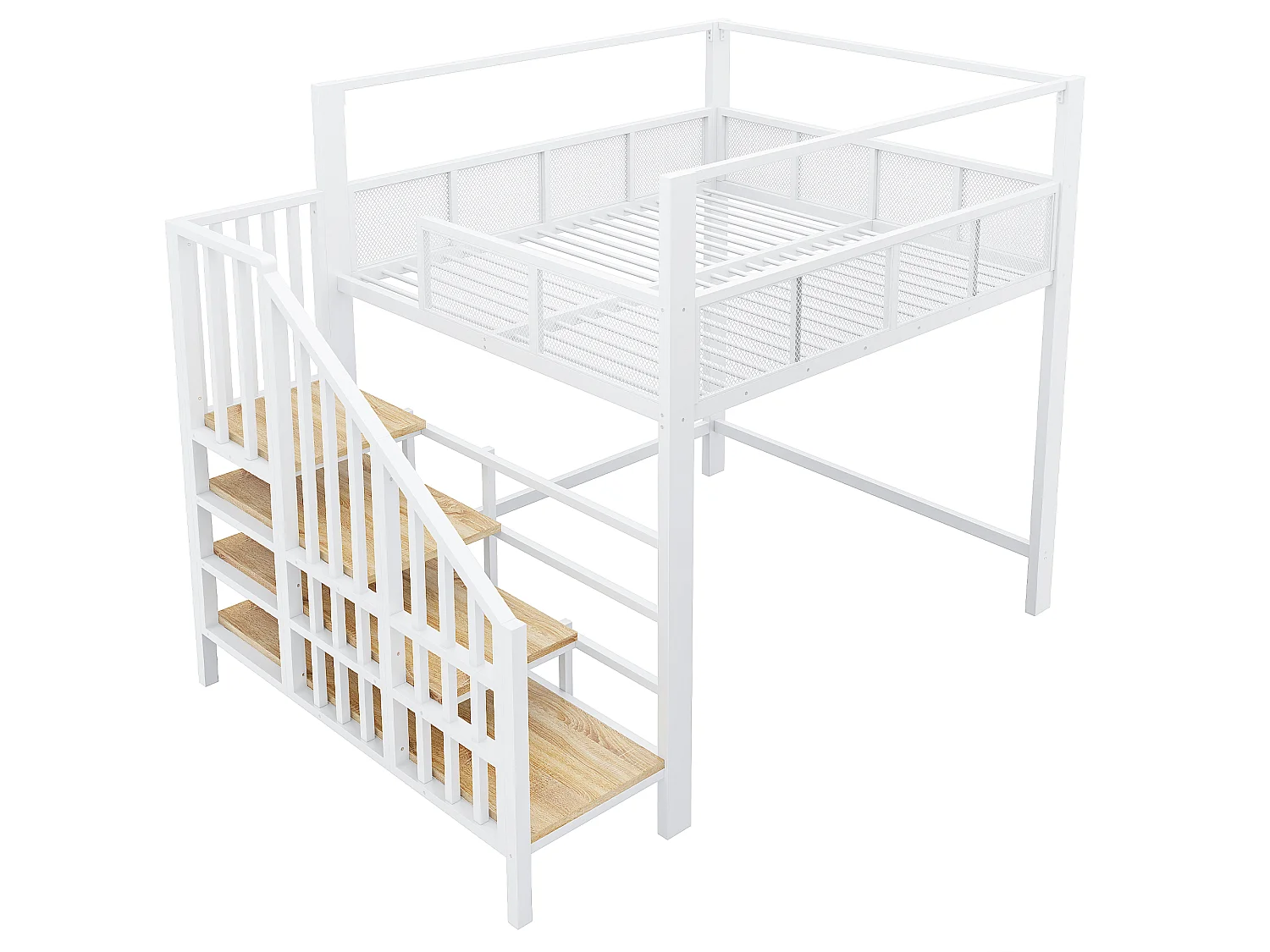 Lit mezzanine 140 x 200 cm avec escalier de rangement et barrière de sécurité - Métal + MDF - Blanc (Sans matelas)