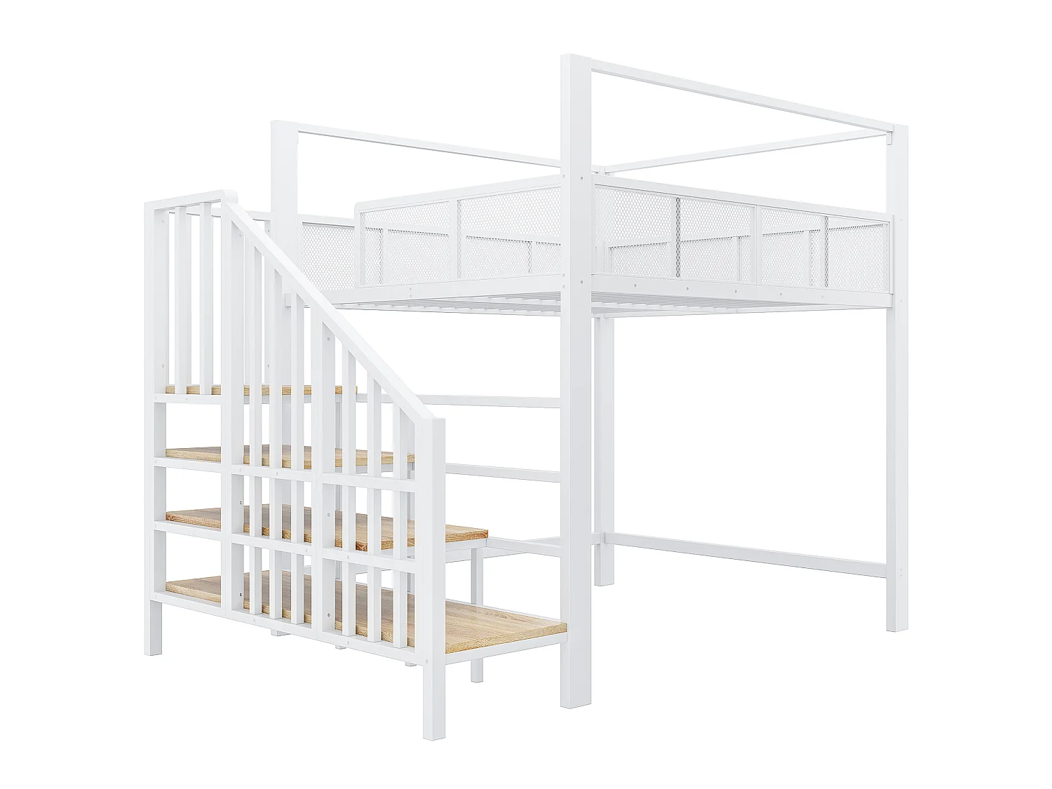 Lit mezzanine 140 x 200 cm avec escalier de rangement et barrière de sécurité - Métal + MDF - Blanc (Sans matelas)